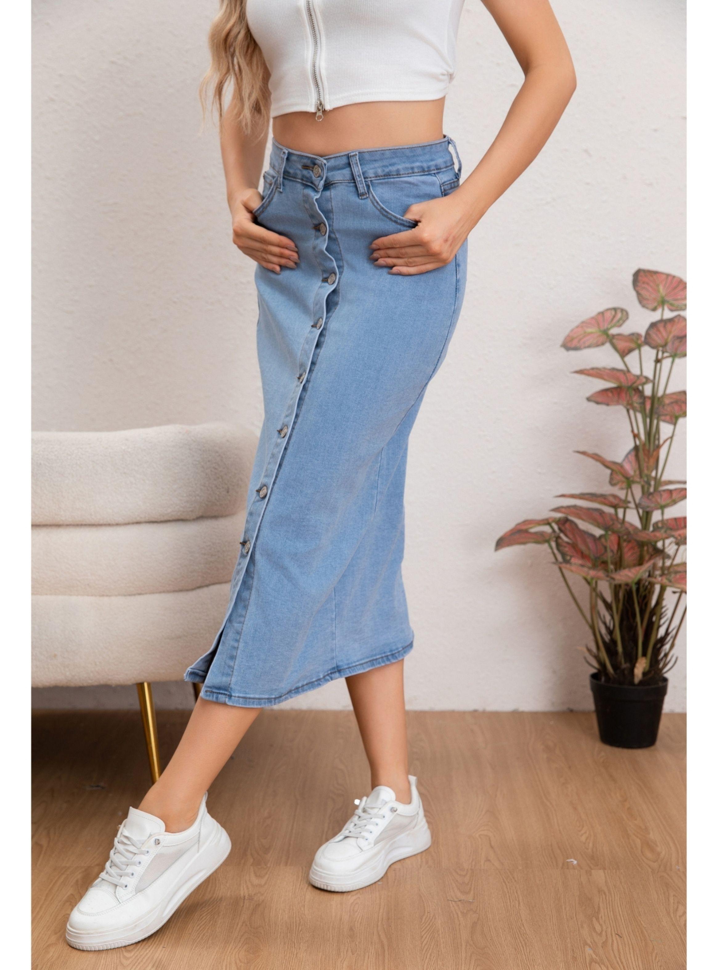 Falda Tubo Larga Mujer Tiro Alto Jeans Elasticada Botones 6008-1