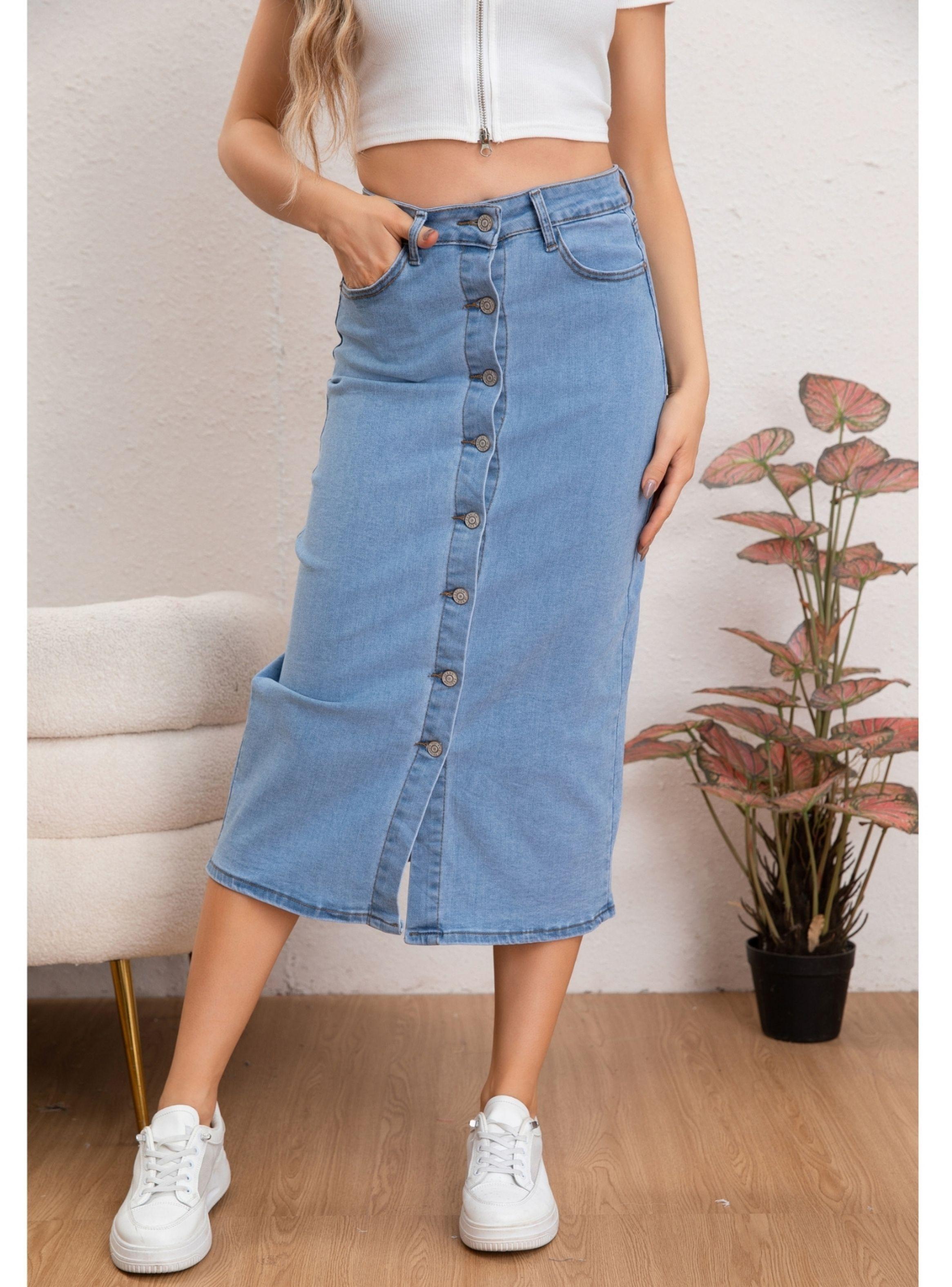 Falda Tubo Larga Mujer Tiro Alto Jeans Elasticada Botones 6008-2