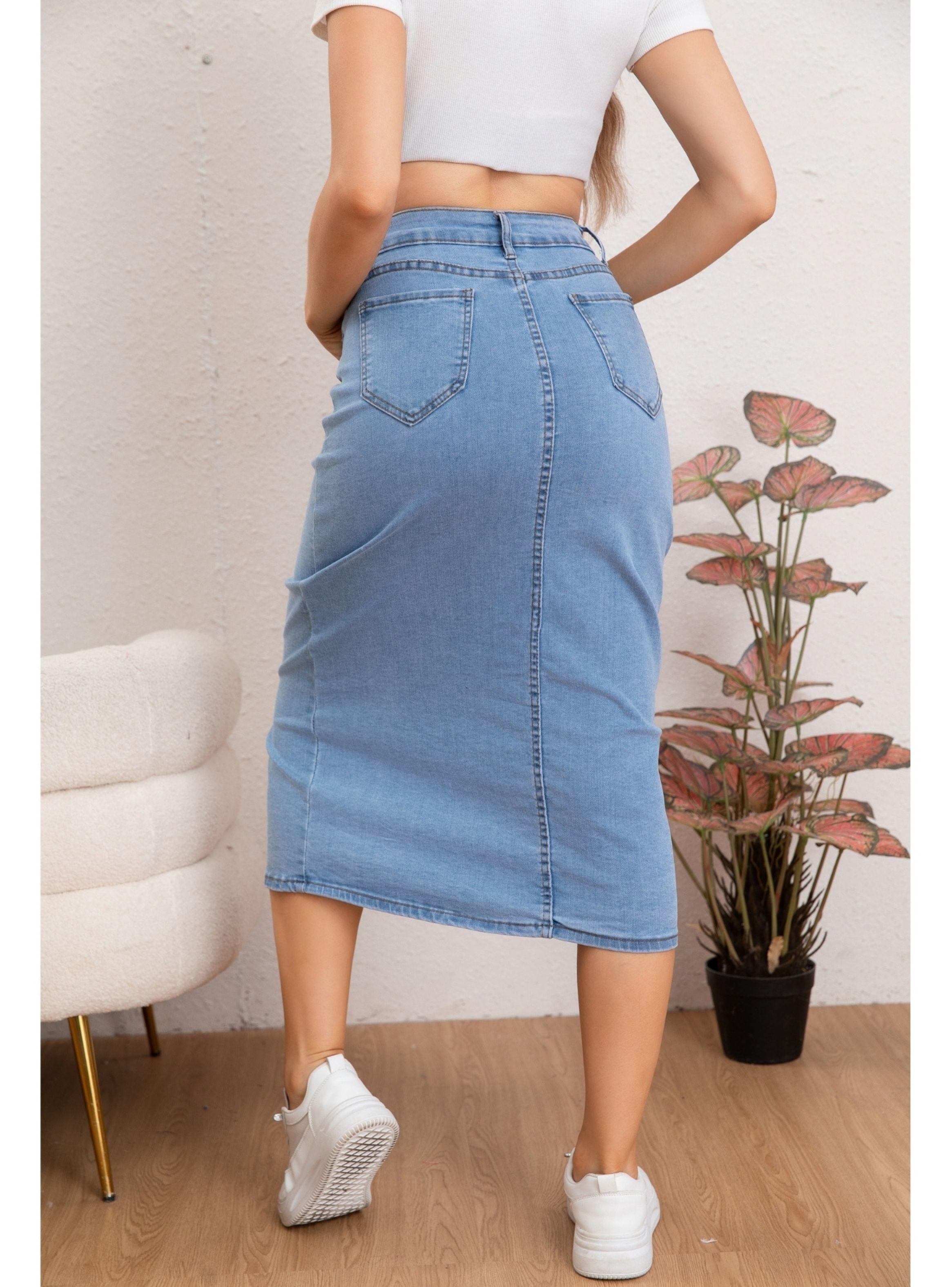 Falda Tubo Larga Mujer Tiro Alto Jeans Elasticada Botones 6008-3