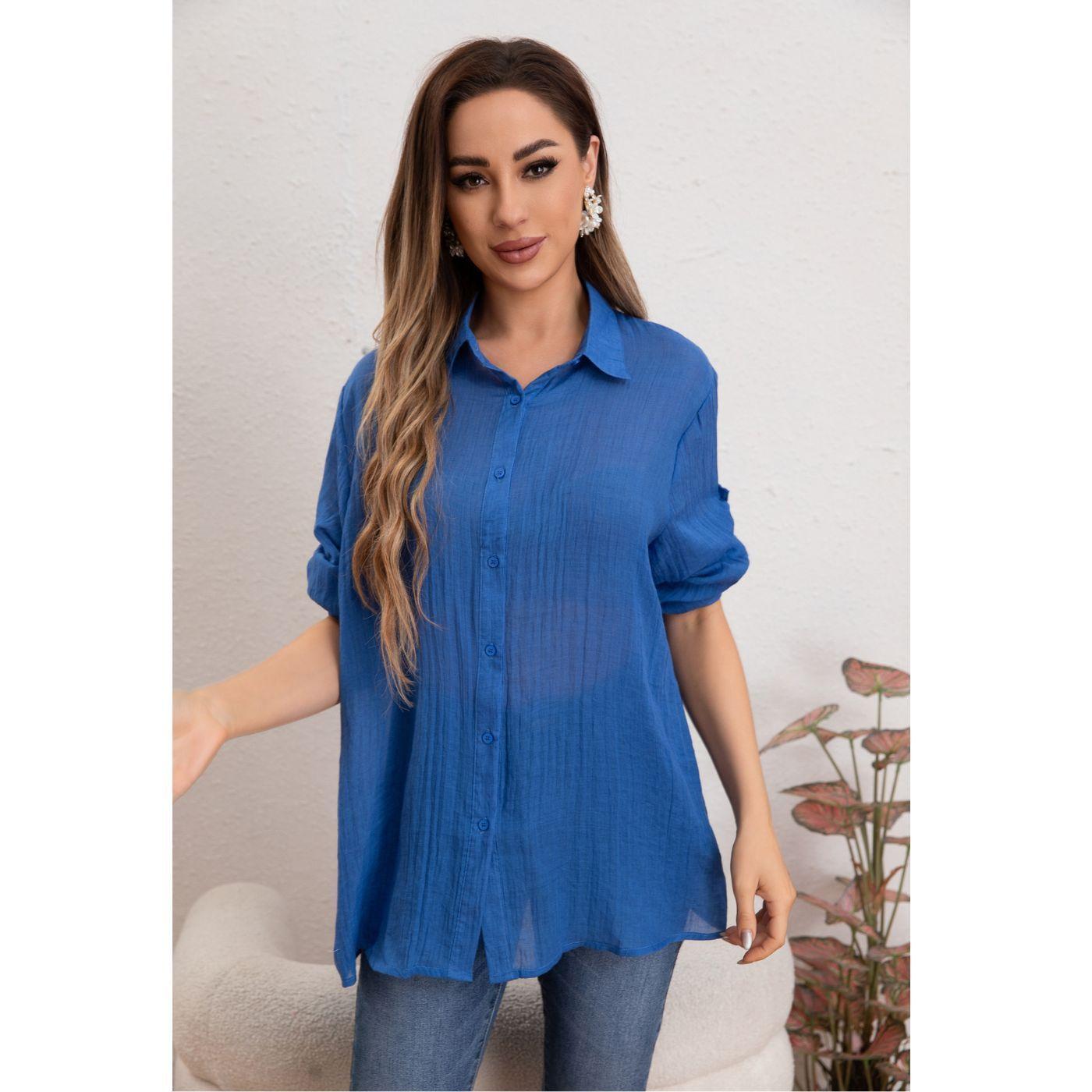 Blusa Mujer Tipo Lino Algodón Manga Larga Premium Liviana Botones 8056-1