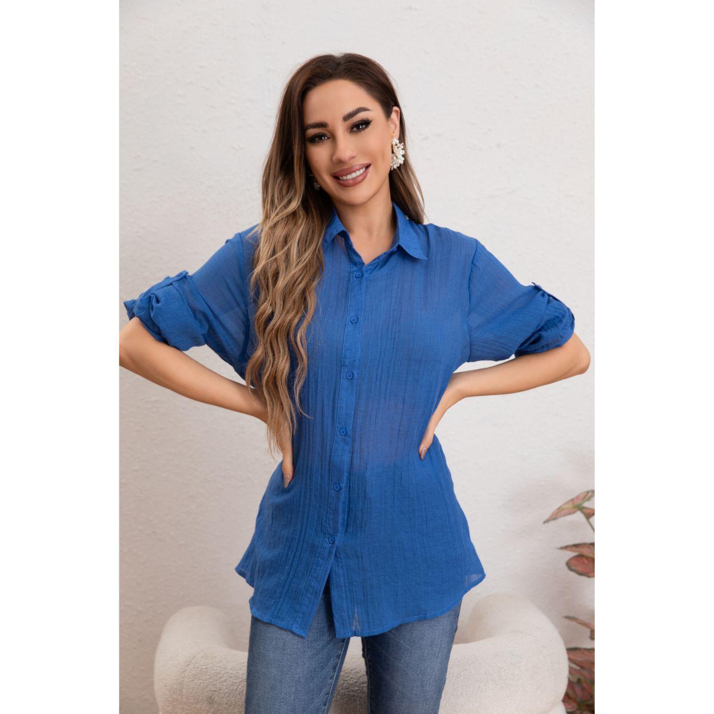 Blusa Mujer Tipo Lino Algodón Manga Larga Premium Liviana Botones 8056-2