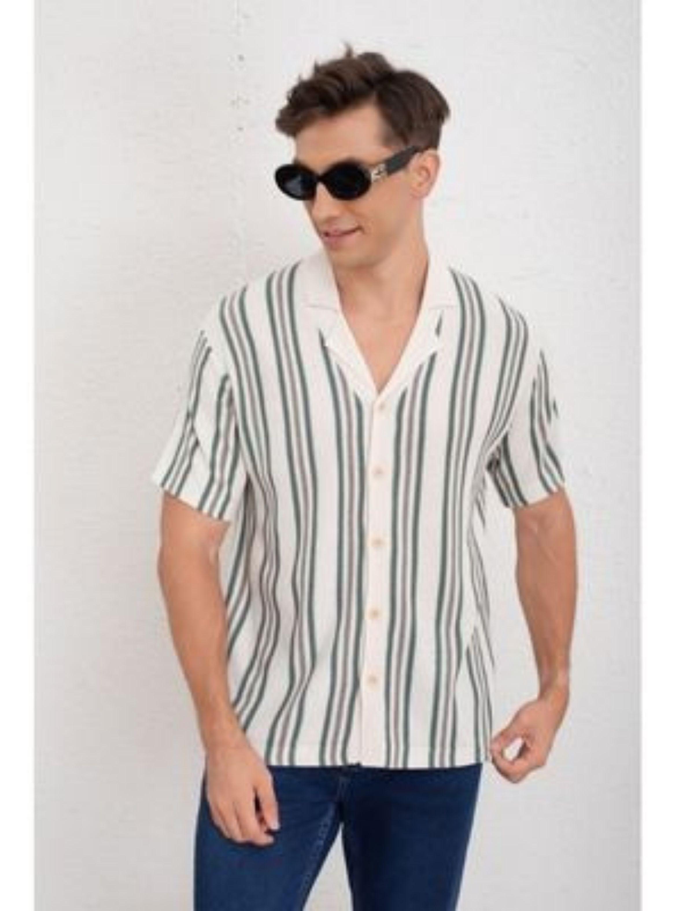 Camisa Hombre Hilo Algodon Verano Diseño Lineas Calidad Premium 7225-1