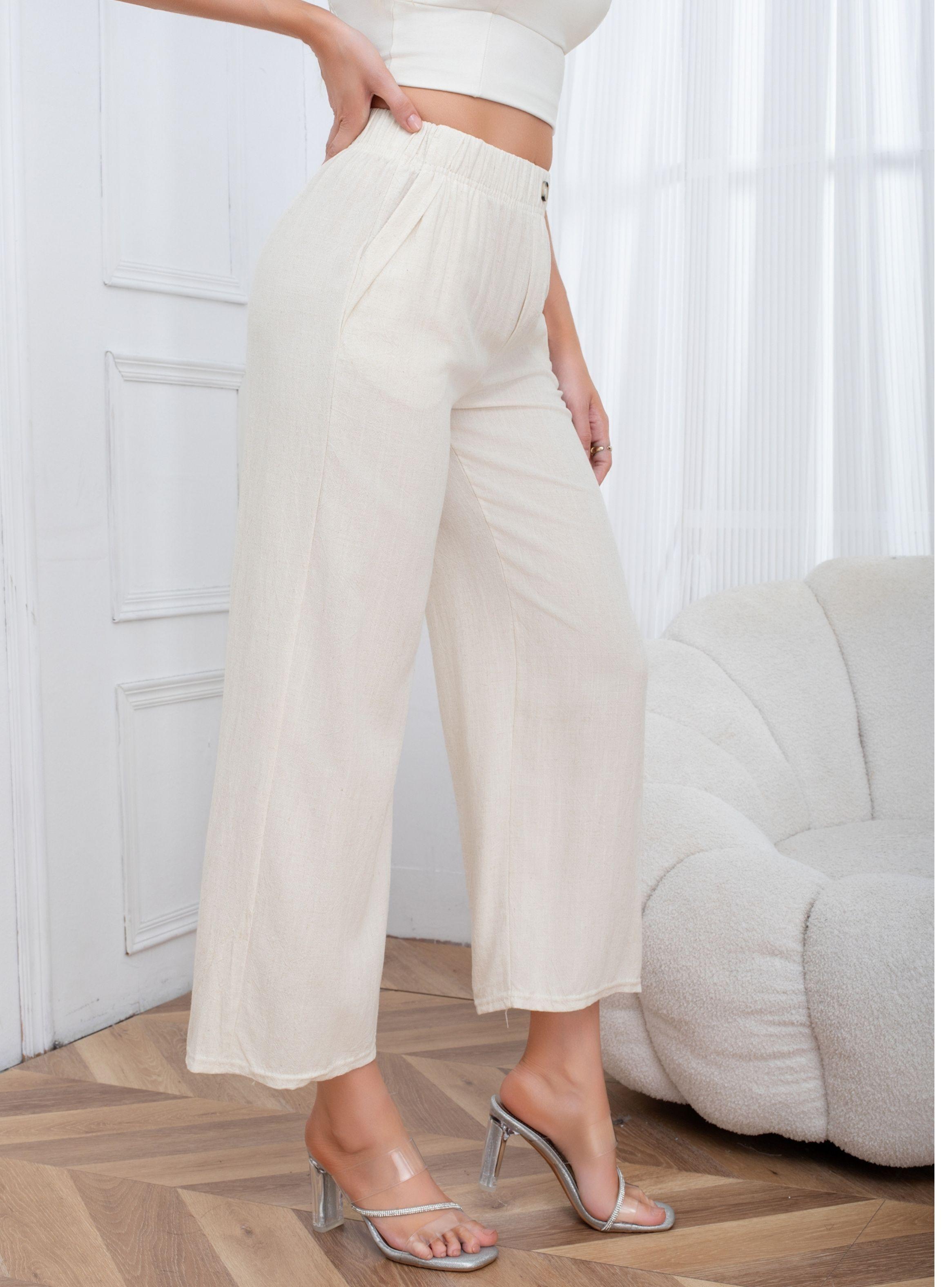 Pantalon Mujer Tipo Lino Semi Formal Casual Boton Tiro Alto 3013-2