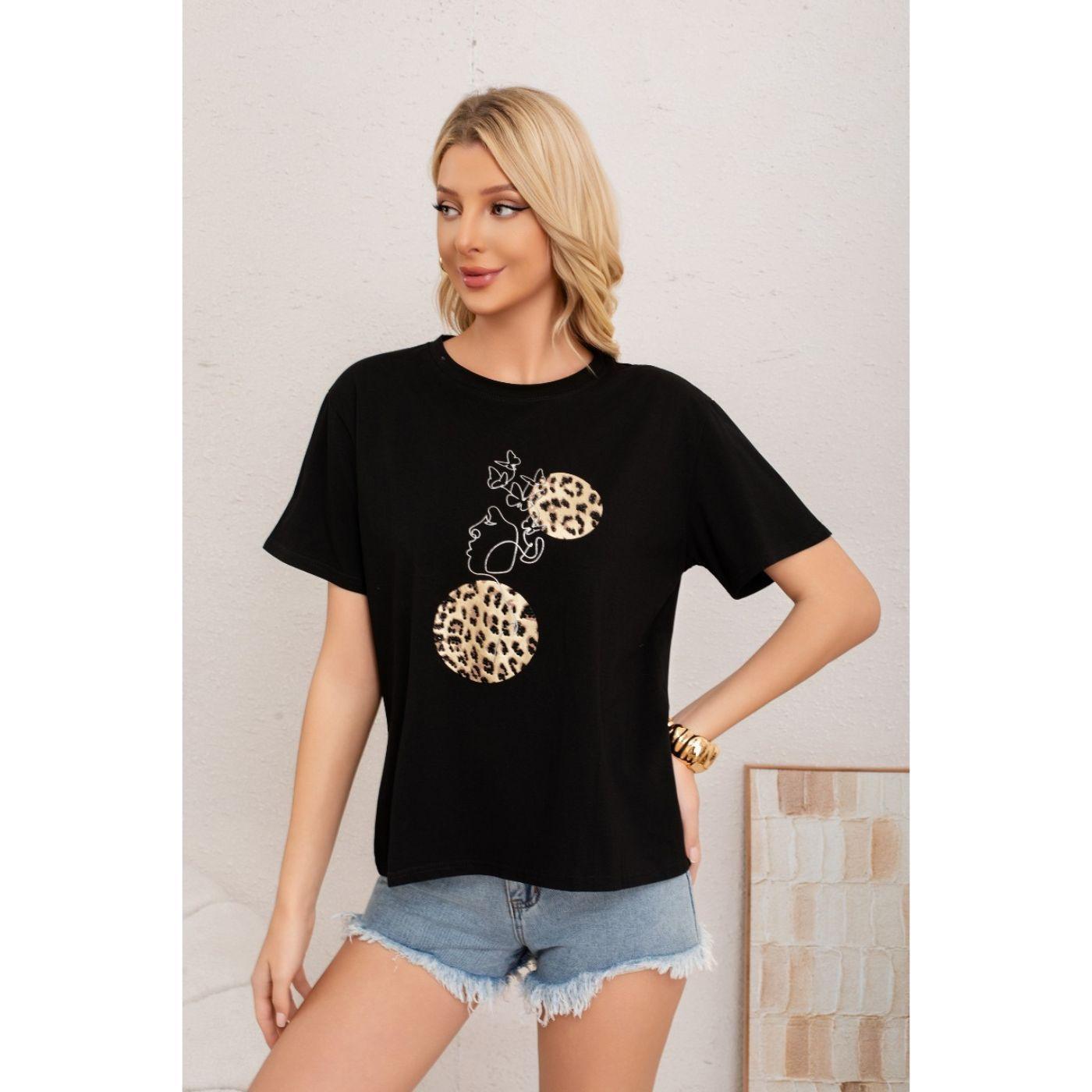 Polera Mujer Algodon Manga Corta Oversize Aplicacion 2012-1