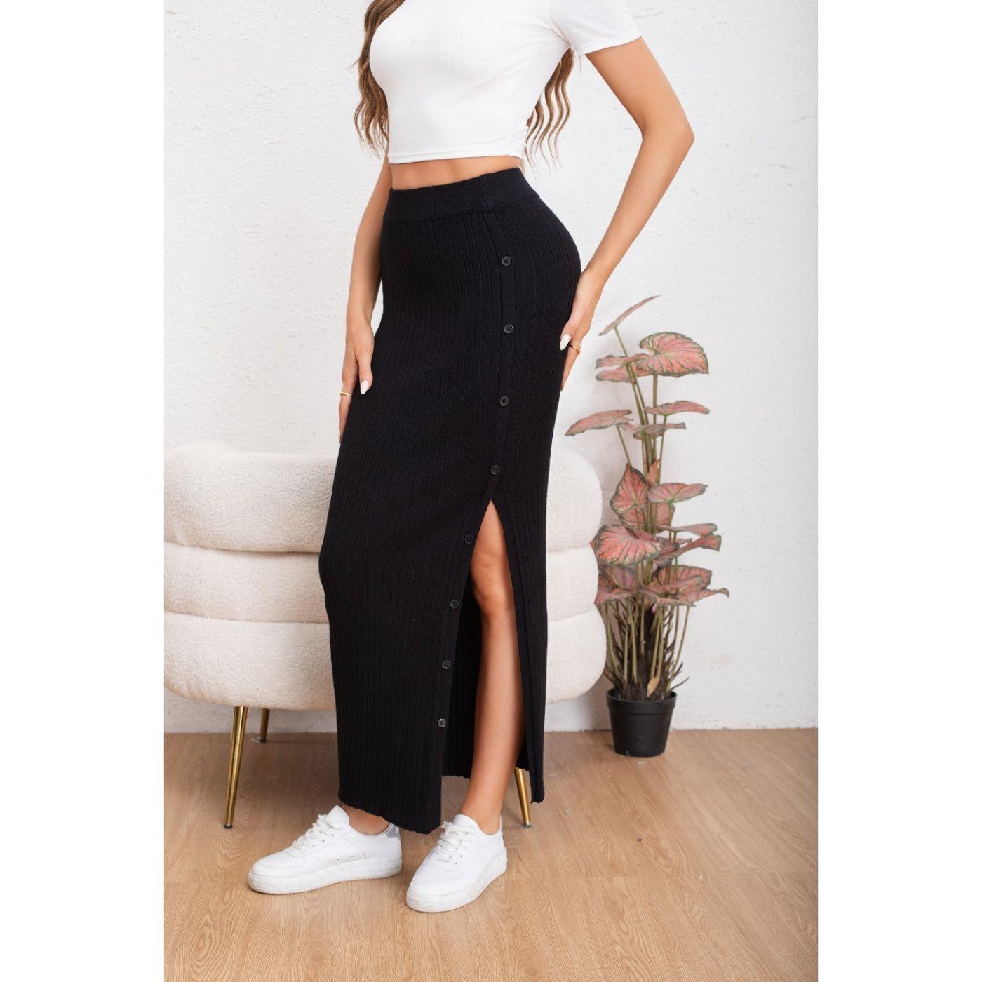 Falda Larga Acanalada Mujer Botones Elasticada 5061-0