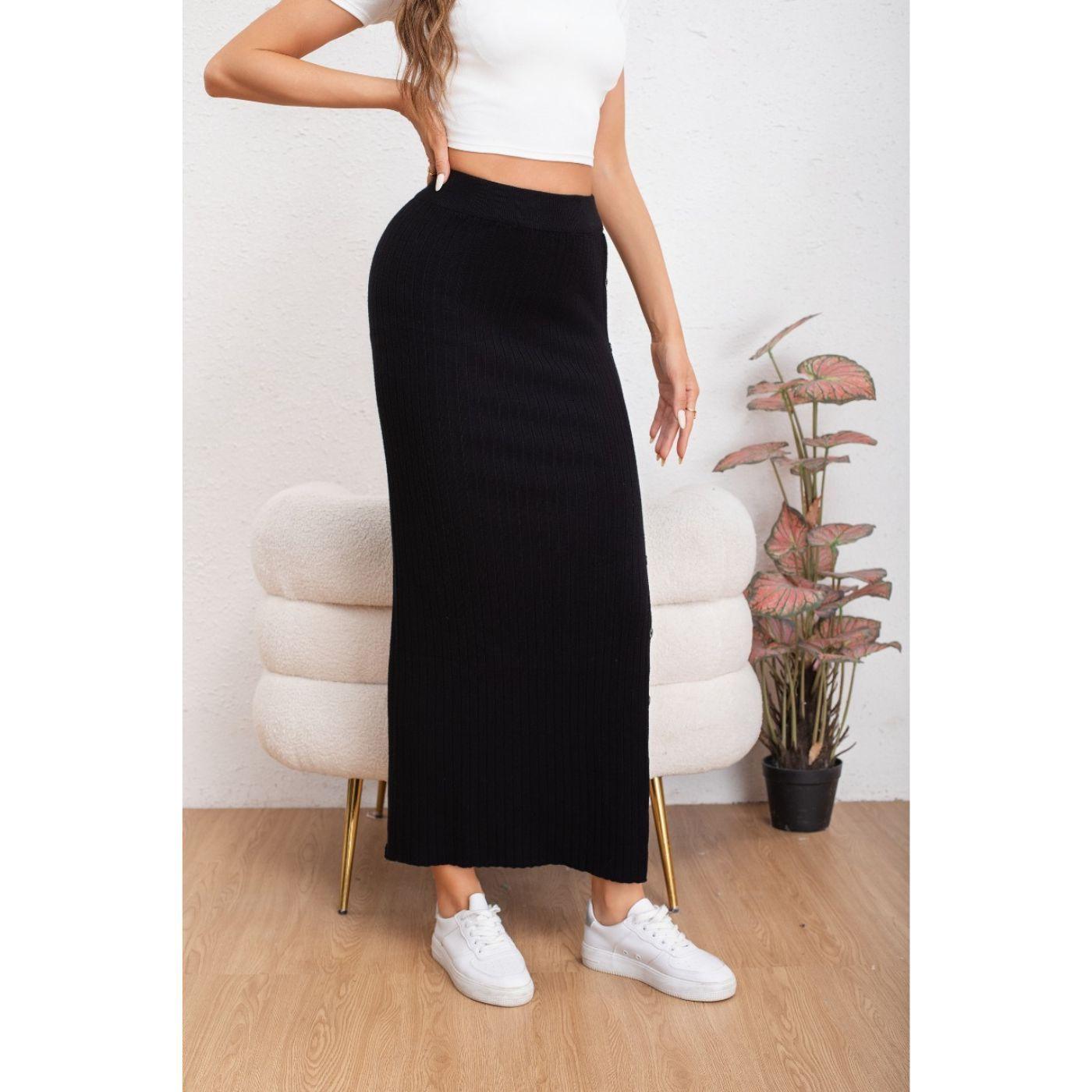 Falda Larga Acanalada Mujer Botones Elasticada 5061-2