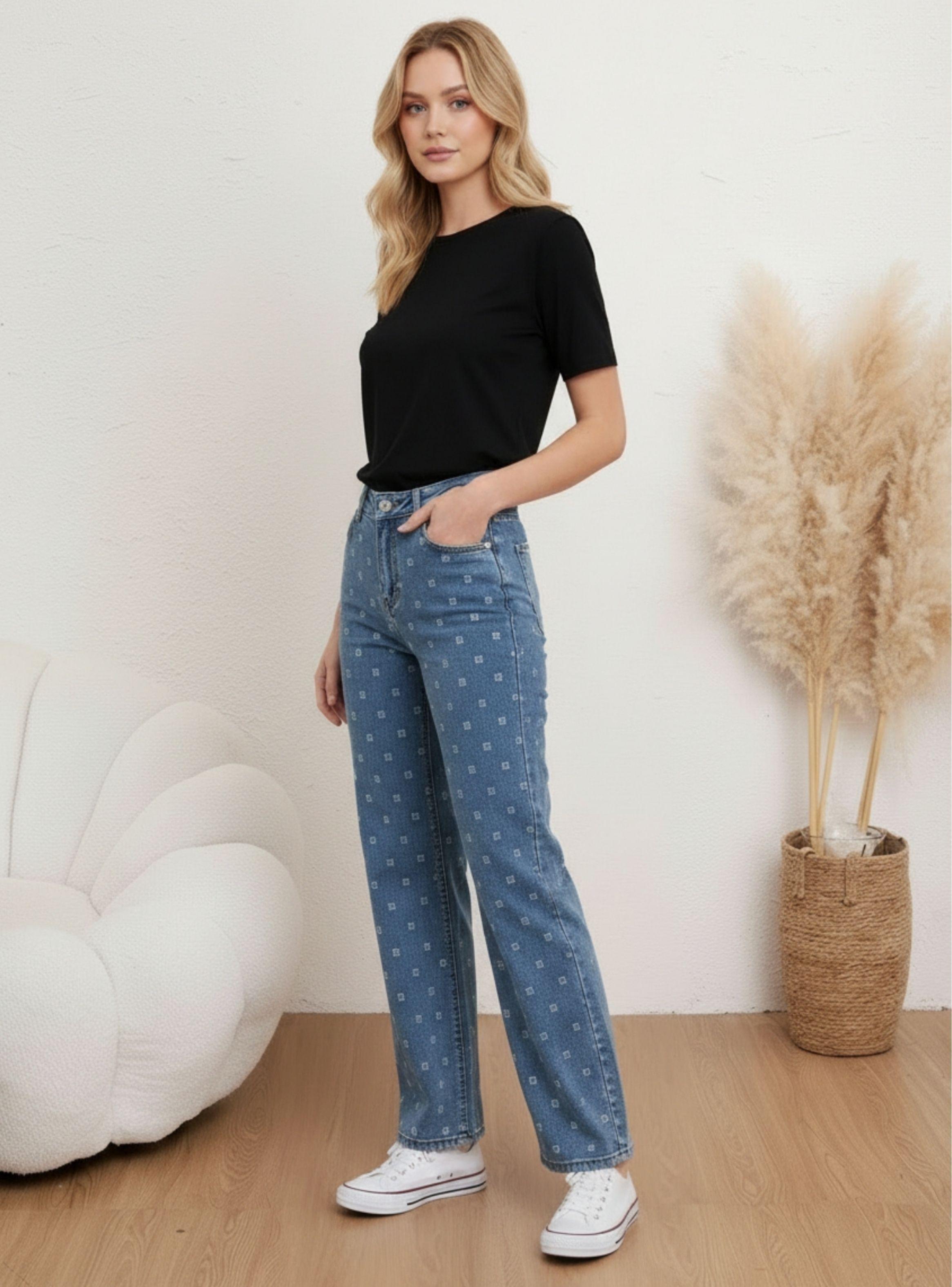 Pantalón Jeans Mujer Wide Leg Tiro Alto Elasticado con Brillos 3034-0