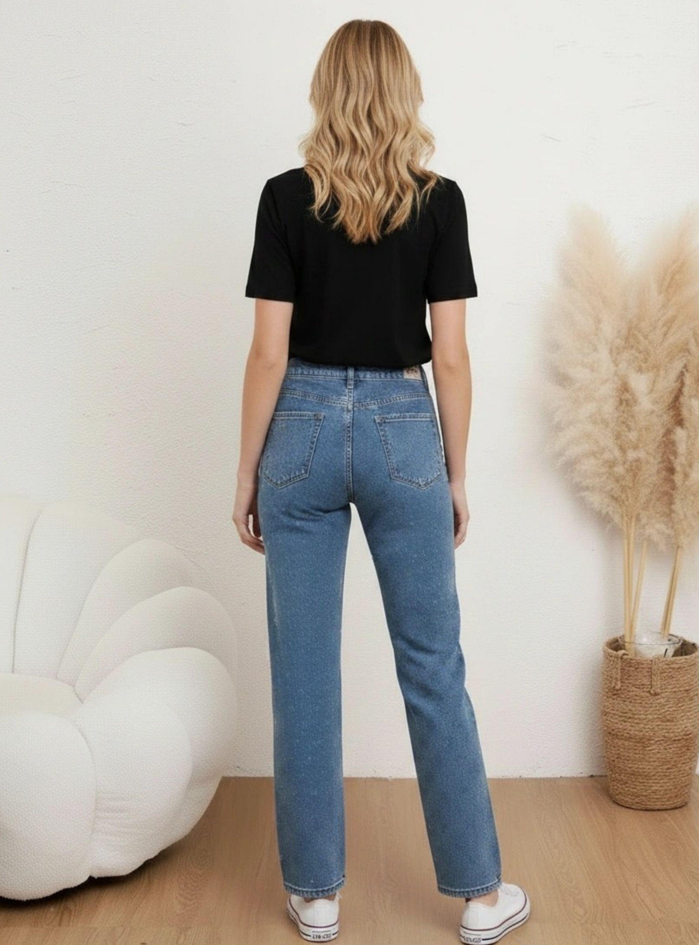 Pantalón Jeans Mujer Wide Leg Tiro Alto Elasticado con Brillos 3034-1