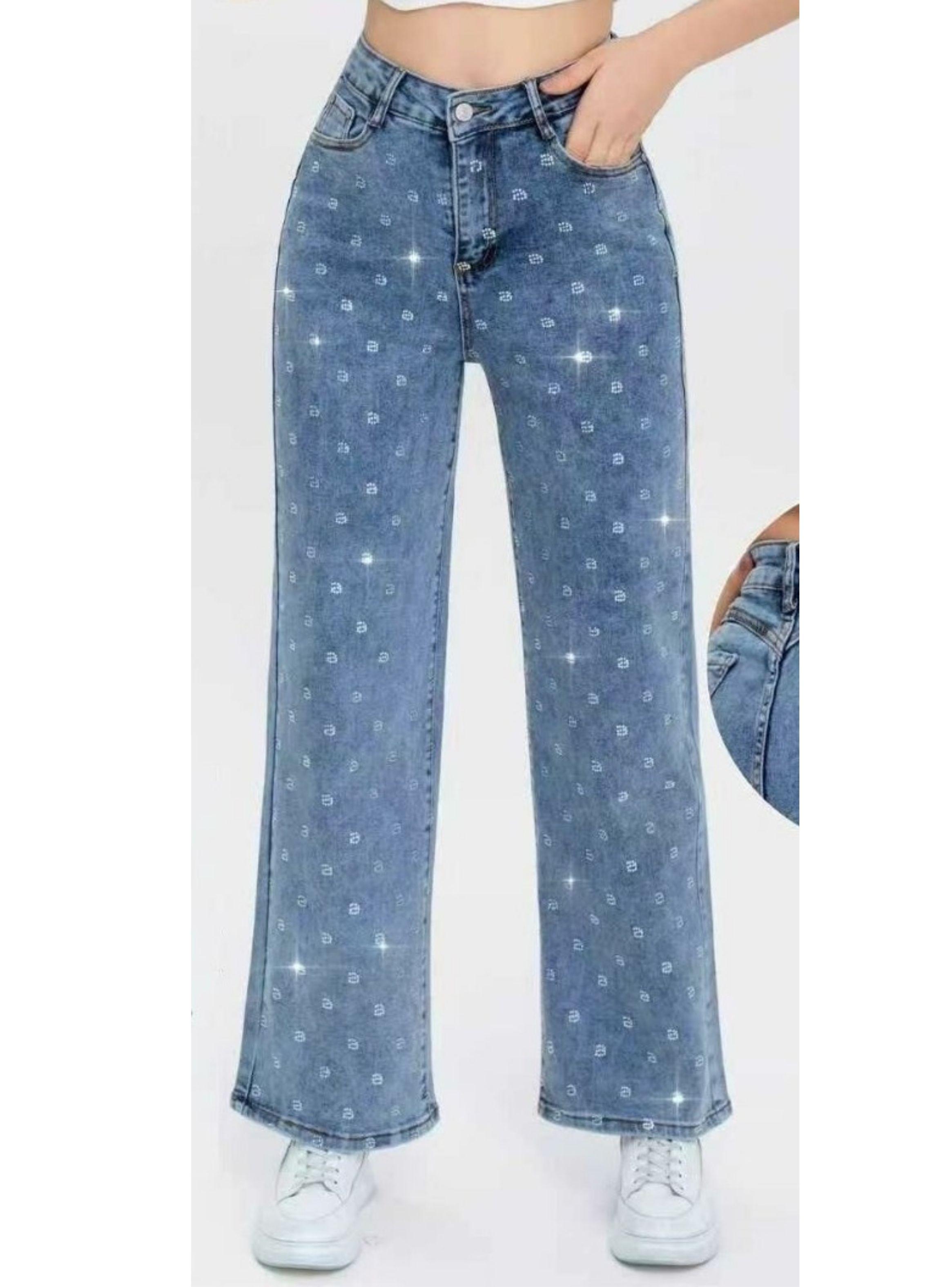 Pantalón Jeans Mujer Wide Leg Tiro Alto Elasticado con Brillos 3034-3