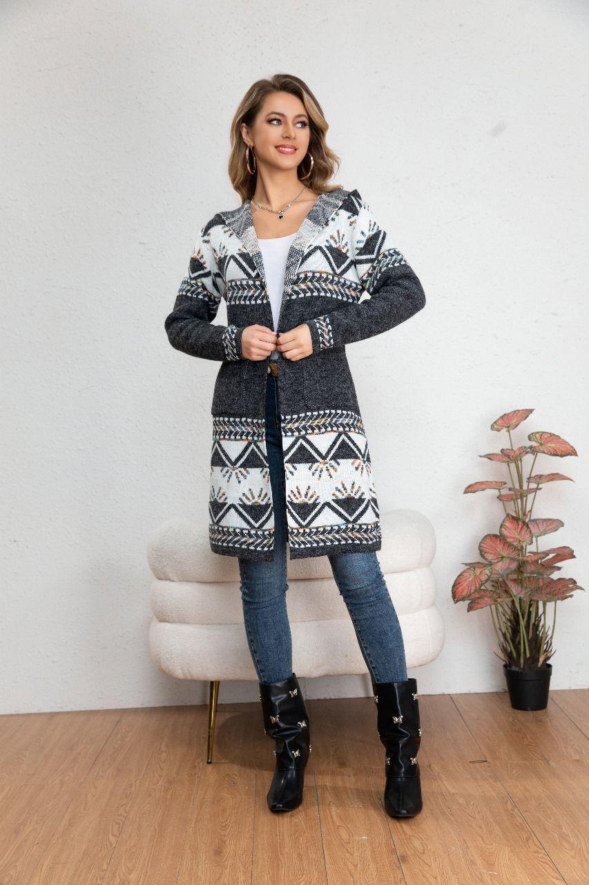 Sweater Largo Tapado Tipo Cardigan Mujer Abrigo Etnico Tendencia 7011-0