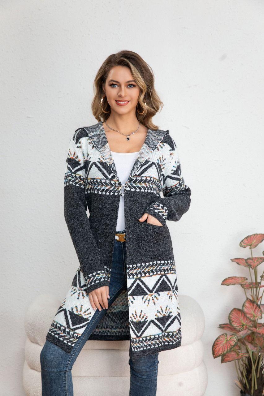 Sweater Largo Tapado Tipo Cardigan Mujer Abrigo Etnico Tendencia 7011-1