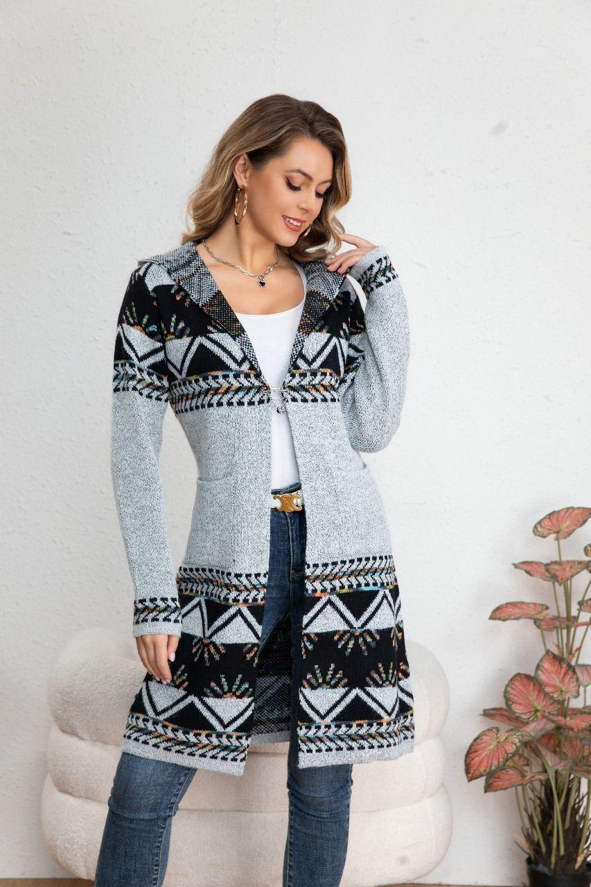 Sweater Largo Tapado Tipo Cardigan Mujer Abrigo Etnico Tendencia 7011-0