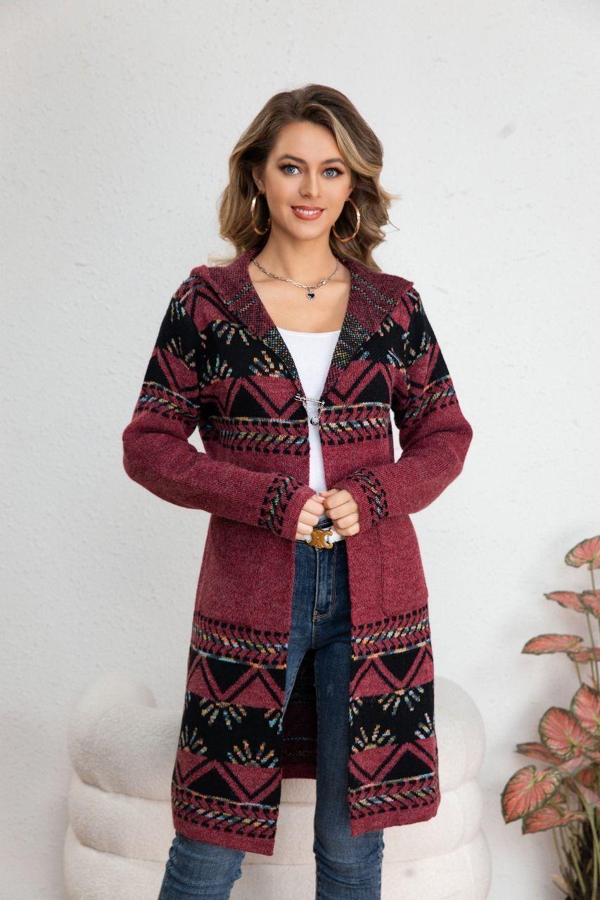 Sweater Largo Tapado Tipo Cardigan Mujer Abrigo Etnico Tendencia 7011-0