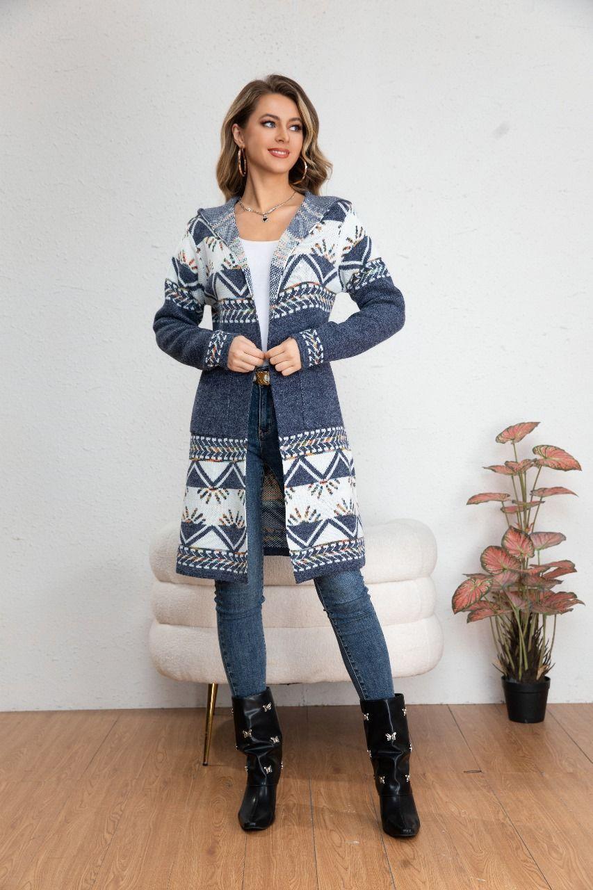 Sweater Largo Tapado Tipo Cardigan Mujer Abrigo Etnico Tendencia 7011-0