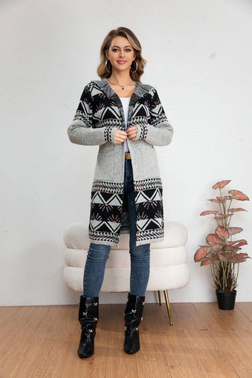 Sweater Largo Tapado Tipo Cardigan Mujer Abrigo Etnico Tendencia 7011-0