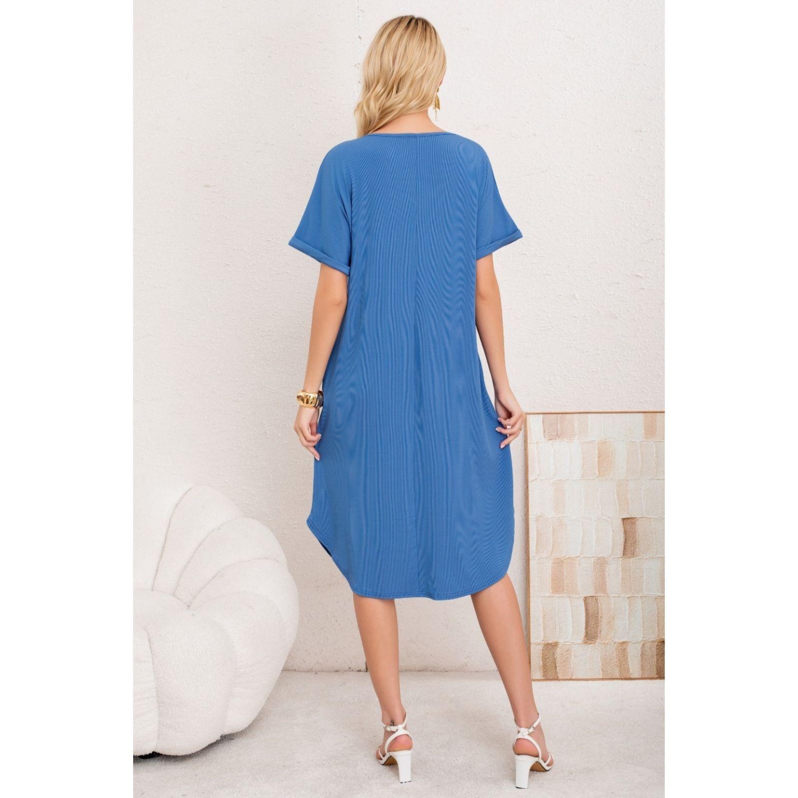 Vestido Midi Mujer Casual Cuello Redondo Bolsillos Colores 3377-2