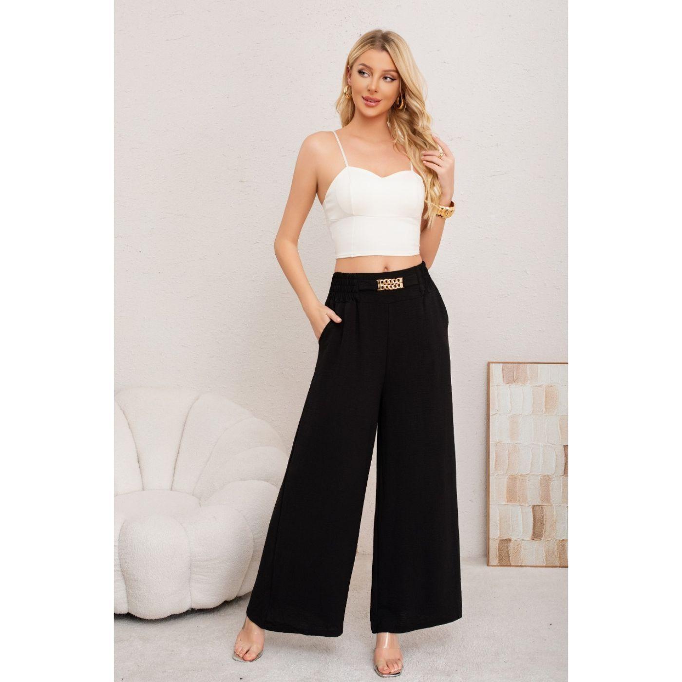 Pantalon Palazzo Algodon Mujer Tipo Lino Bota Ancha Hebilla 3006-1