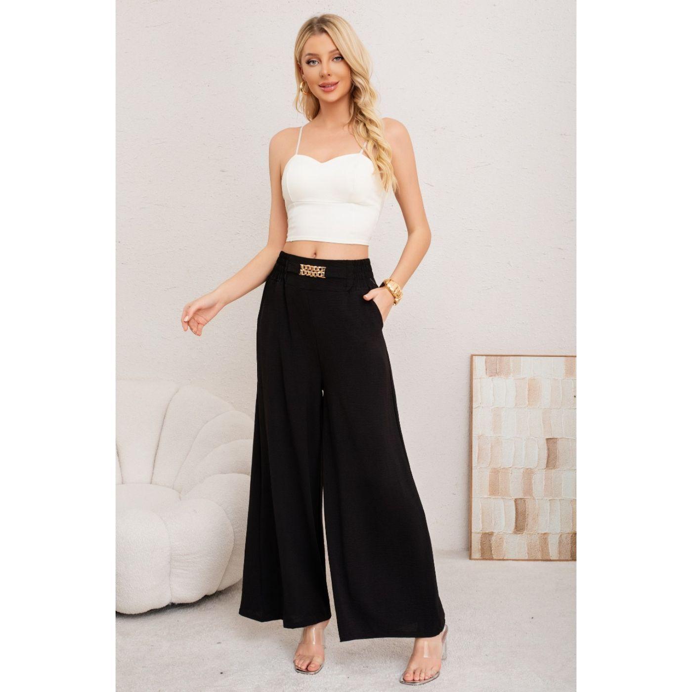 Pantalon Palazzo Algodon Mujer Tipo Lino Bota Ancha Hebilla 3006-2