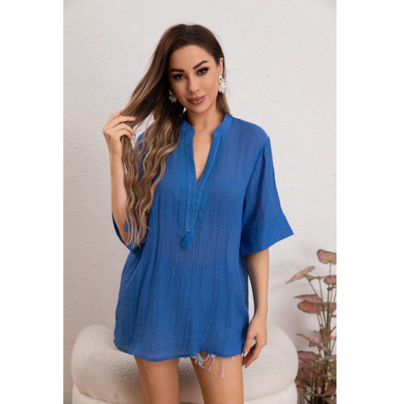 Blusa Mujer Lino Algodón Premium Liviana Cuello Mao 8057-0