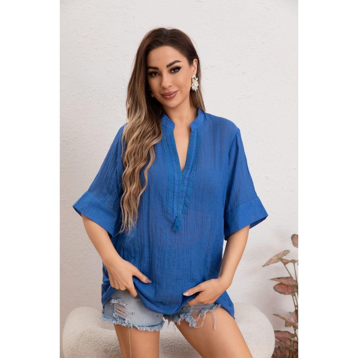 Blusa Mujer Lino Algodón Premium Liviana Cuello Mao 8057-1
