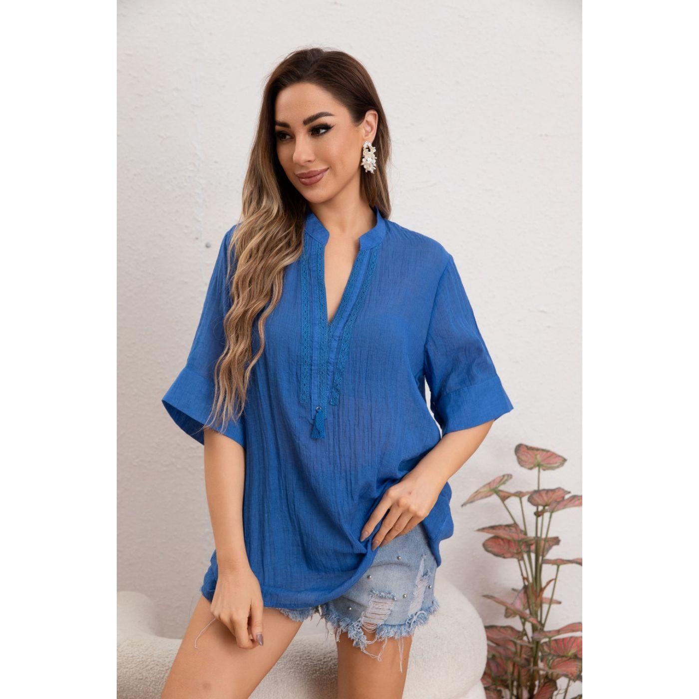 Blusa Mujer Lino Algodón Premium Liviana Cuello Mao 8057-2
