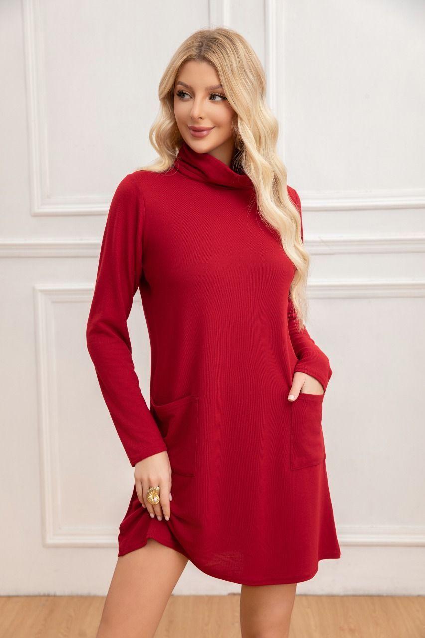 Sweater Mini Vestido Corto Tejido Mujer Cuello Alto Doble 2001-2