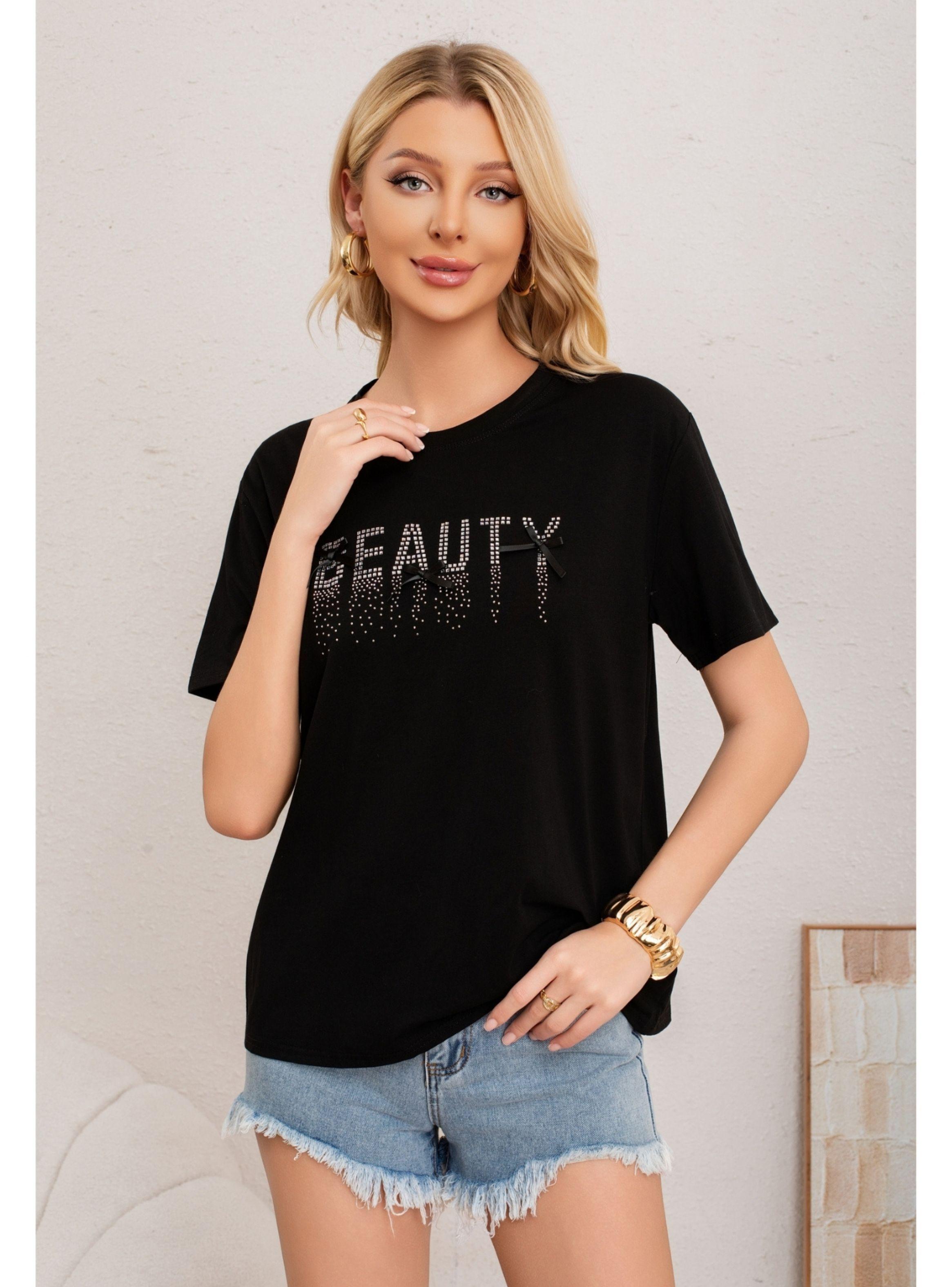 Polera Mujer Algodon Manga Corta Oversize Beauty Con Brillo 2011-0