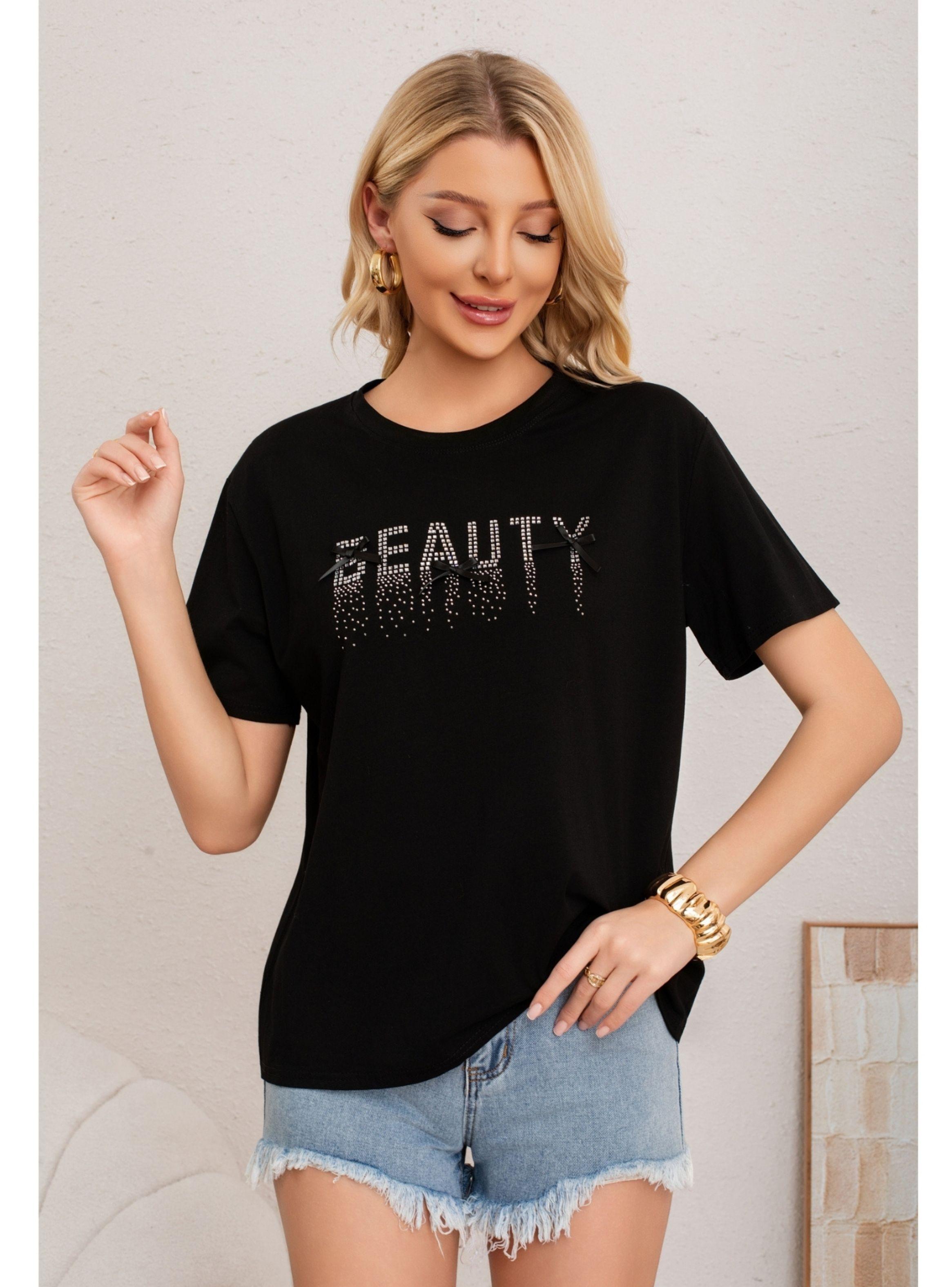 Polera Mujer Algodon Manga Corta Oversize Beauty Con Brillo 2011-2