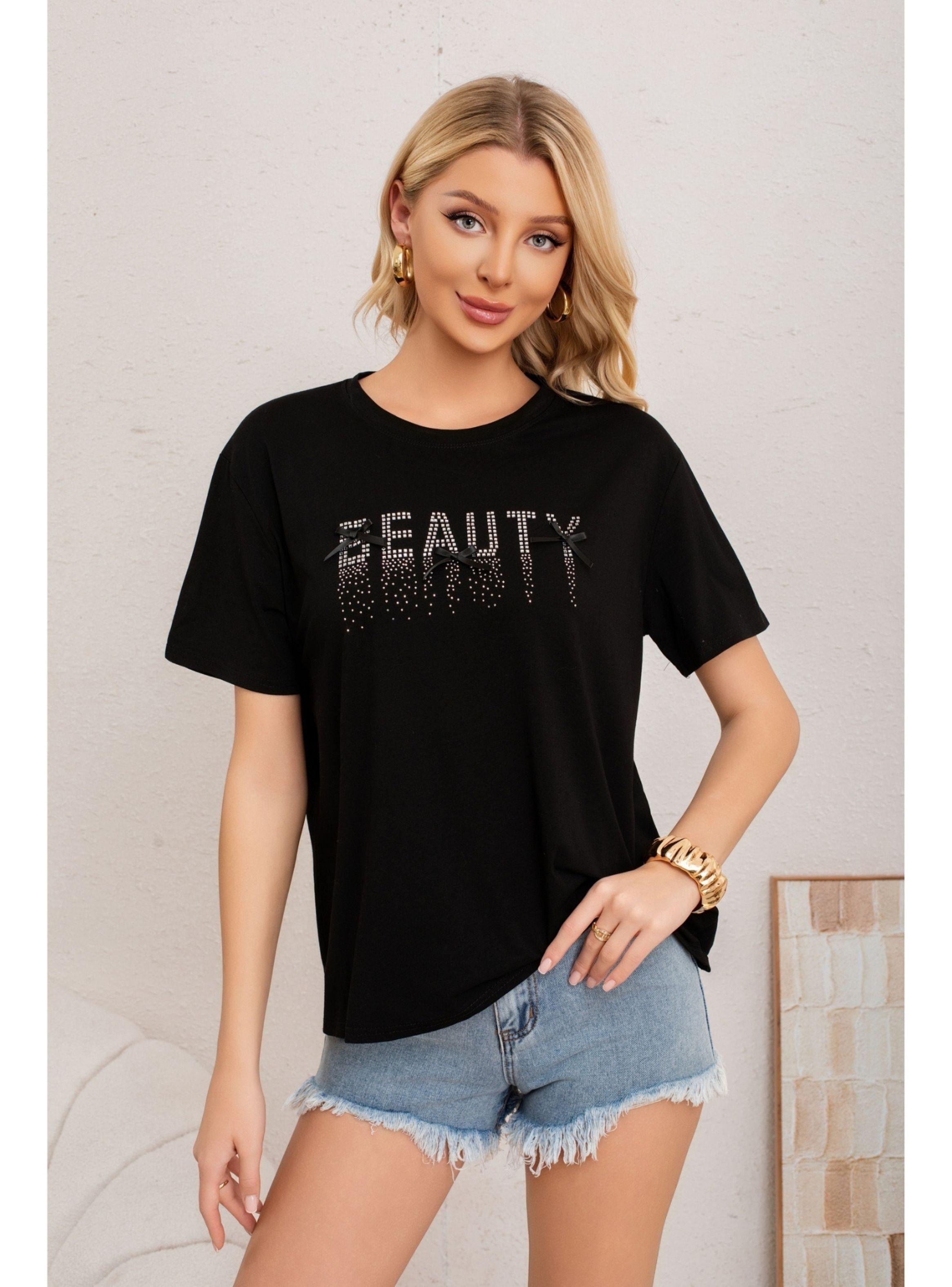 Polera Mujer Algodon Manga Corta Oversize Beauty Con Brillo 2011-3
