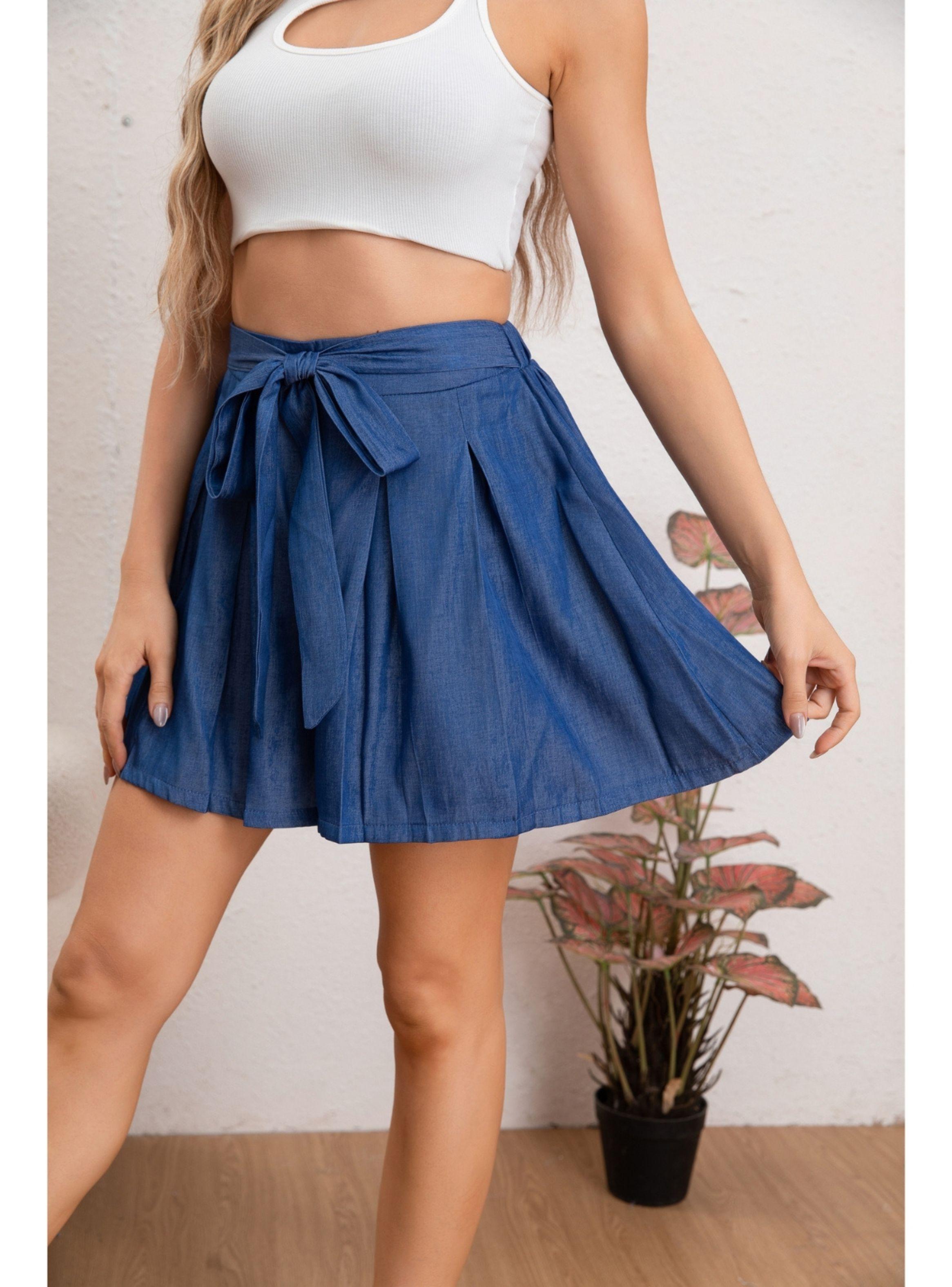 Short Plisado Mujer Pierna Ancha Casual Tiro Alto Tipo Jeans 0113-2