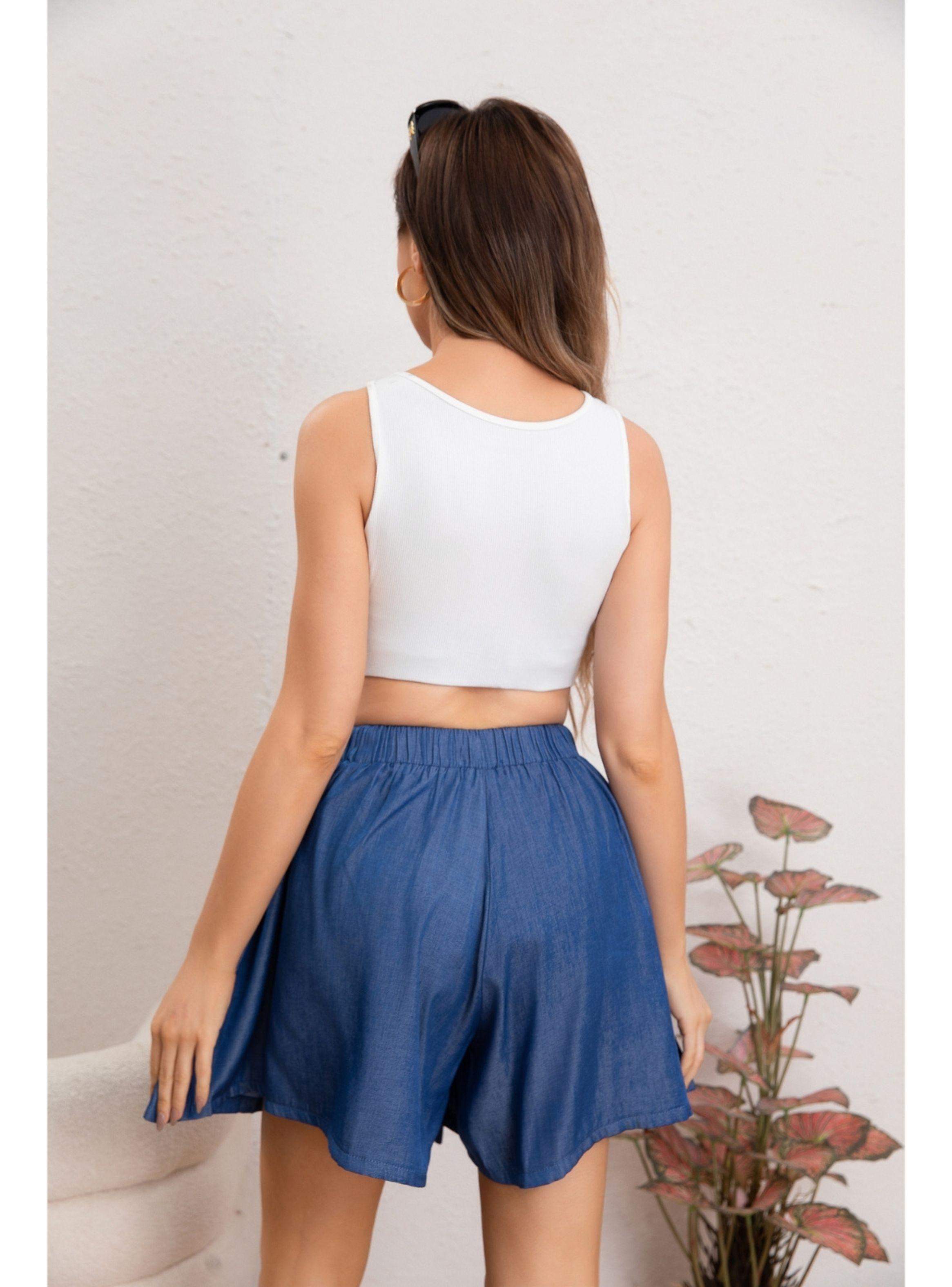 Short Plisado Mujer Pierna Ancha Casual Tiro Alto Tipo Jeans 0113-3