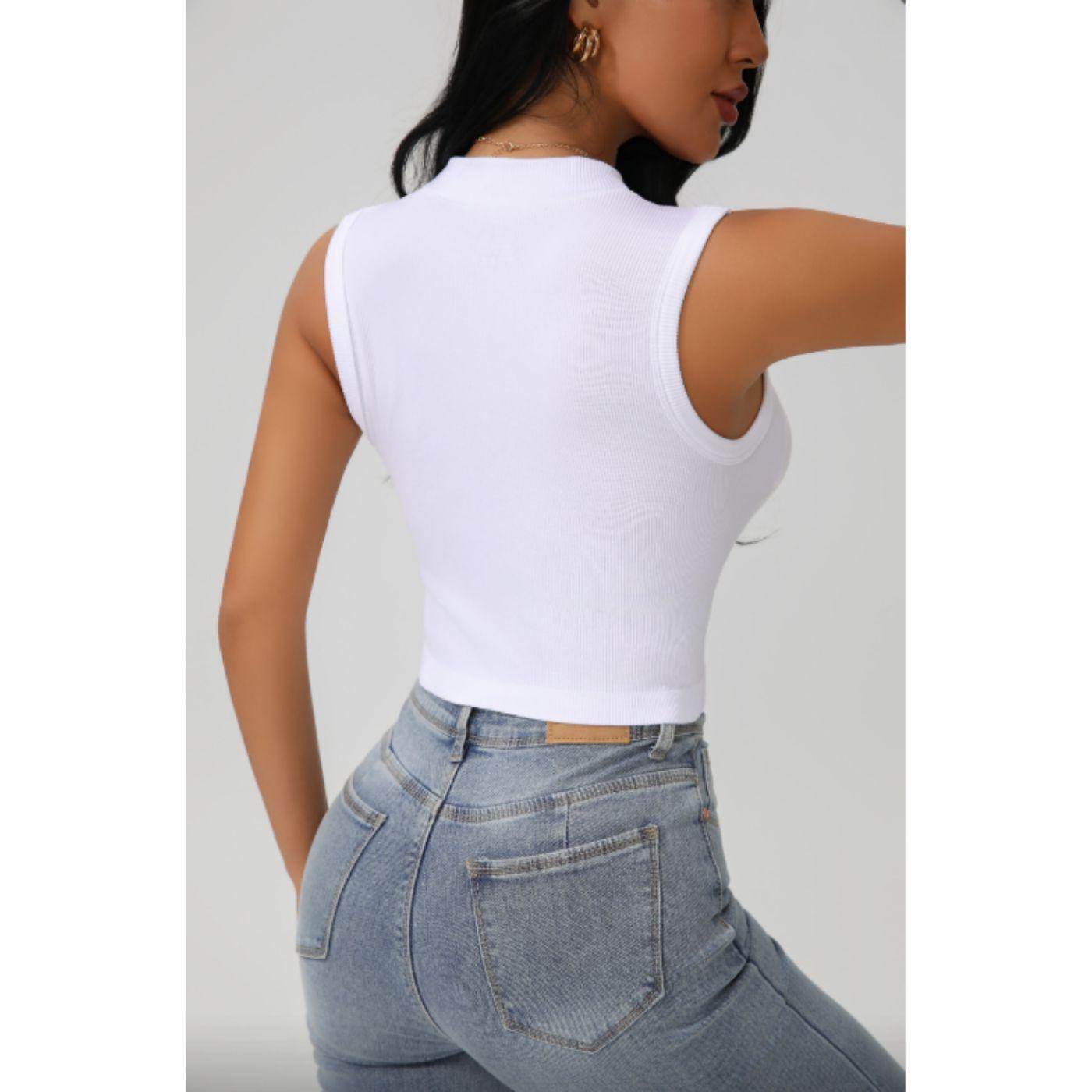 Polera Corta Mujer Top Sin Manga Full Elasticada Cuello Alto 9009-1