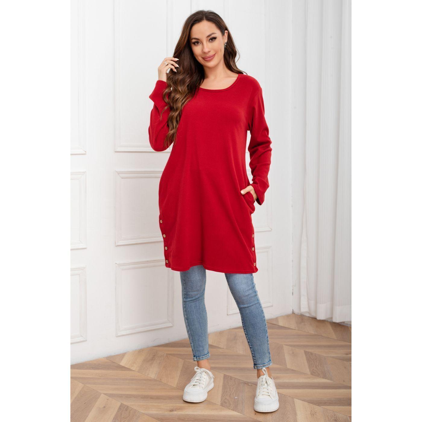 Polera Lisa Mujer Manga Larga Tipo Vestido Bolsillos 2007-1