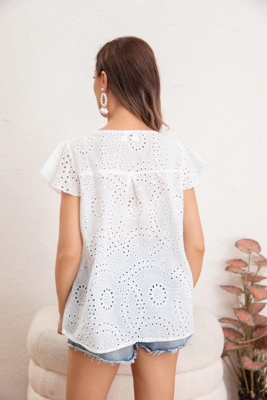 Blusa Polera Mujer Manga Corta Tipo Broderie Tendencia cuello V 0047-2