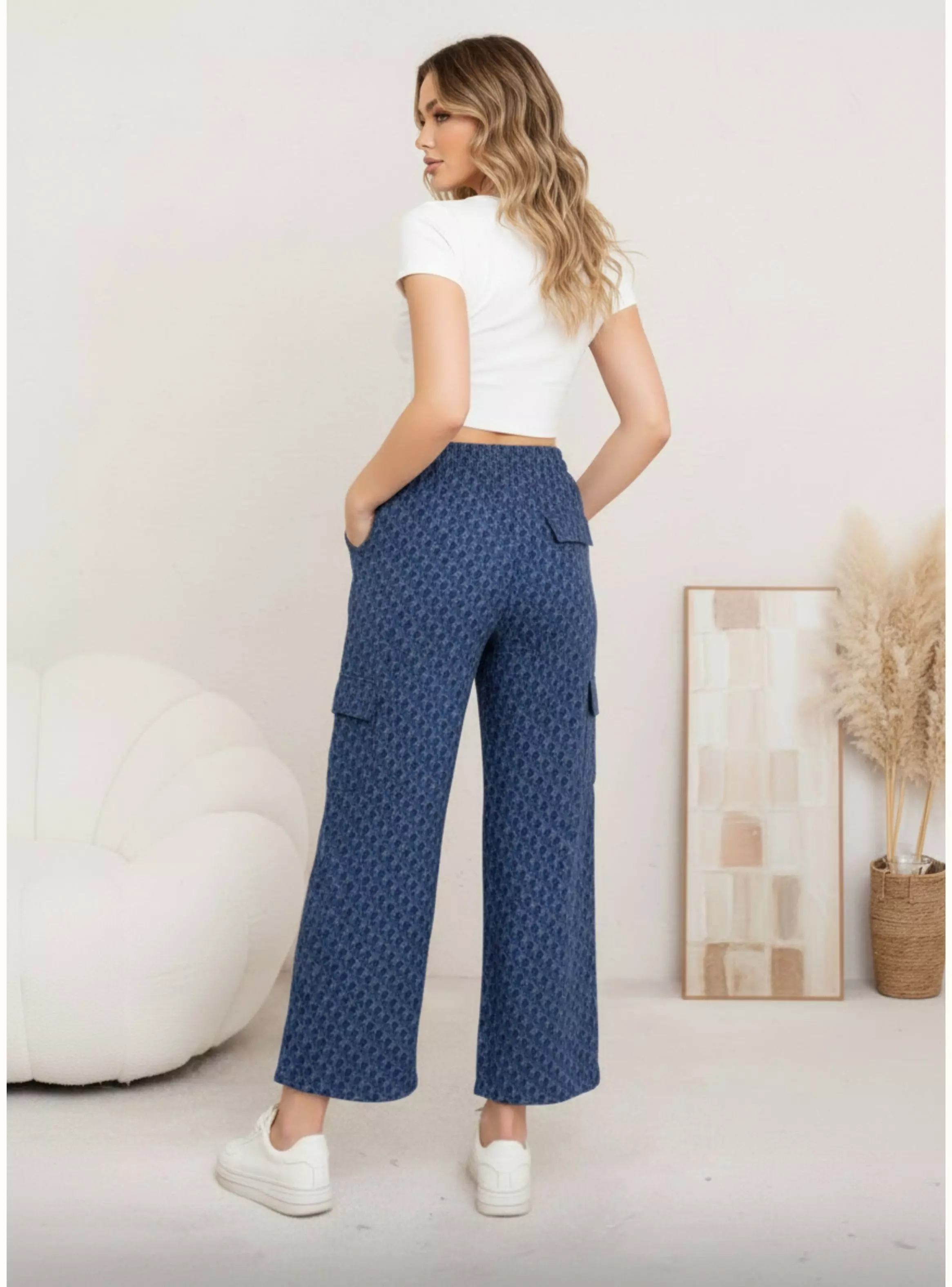 Pantalón Palazzo Mujer Cargo Estampado Tiro Alto Pierna Ancha Bolsillos 3007-2