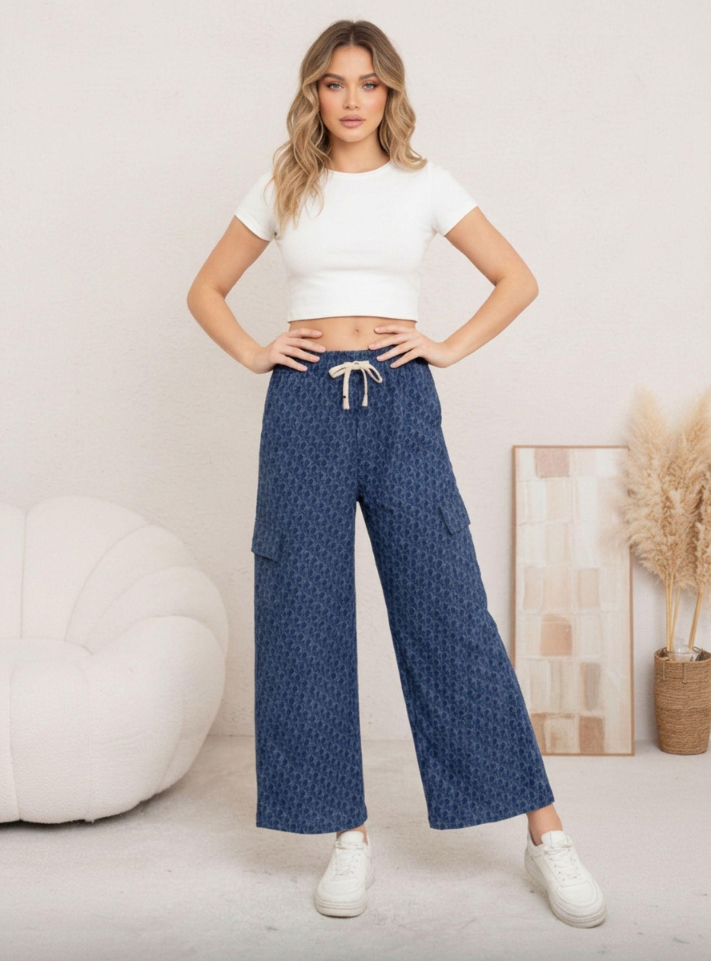Pantalón Palazzo Mujer Cargo Estampado Tiro Alto Pierna Ancha Bolsillos 3007-3