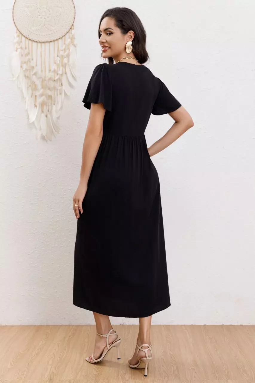 Vestido Largo Mujer Manga Corta Primavera Botones Cuello V 3340-2