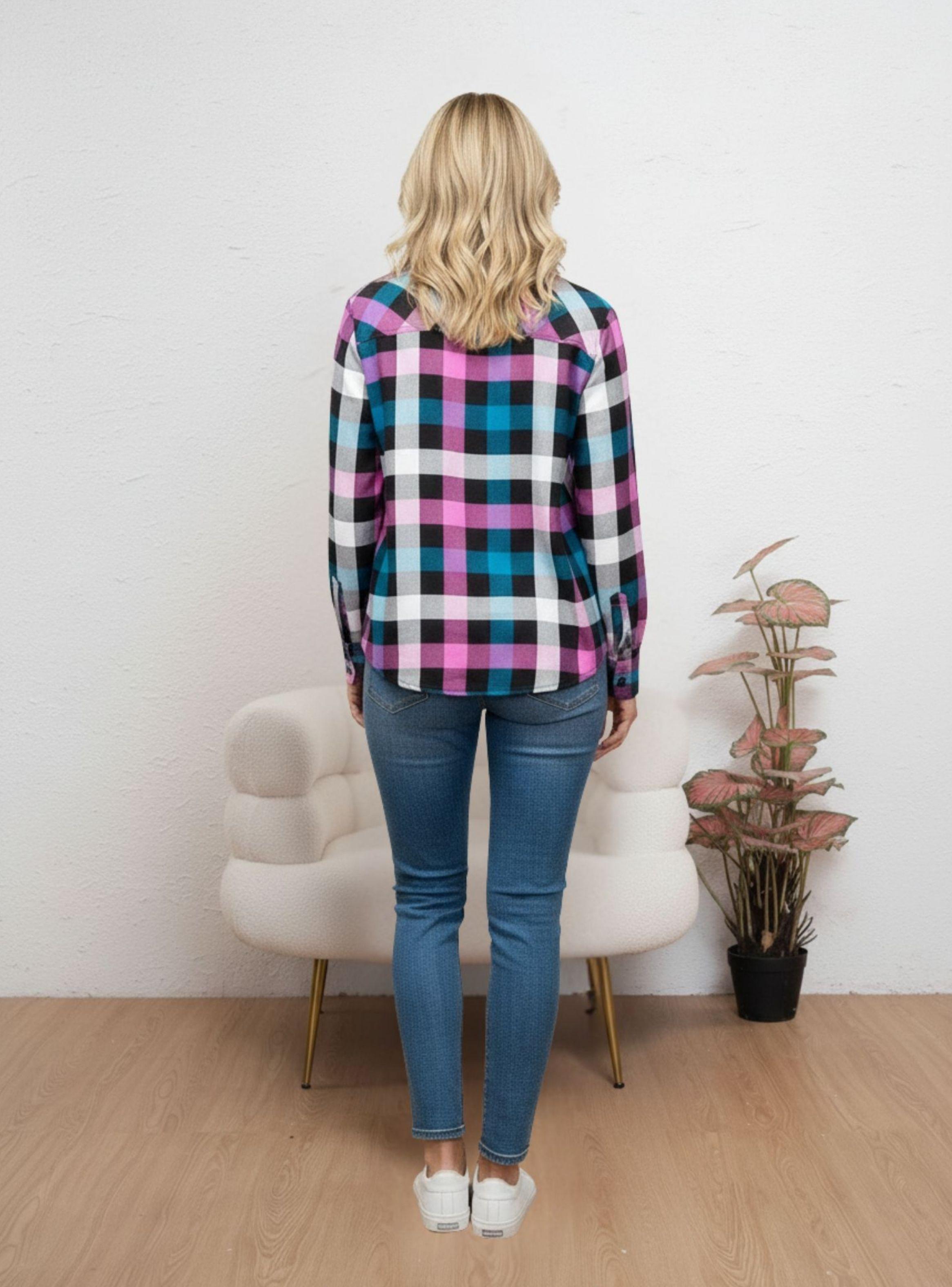 Camisa Mujer Manga Larga Cuadrillé Colores Verano A1659-2