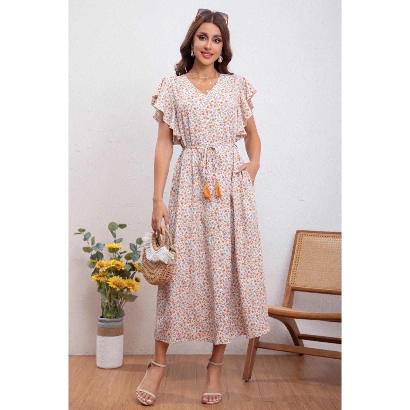 Vestido Largo Primavera Mujer Manga Corta Cuello V Calidad 271-0