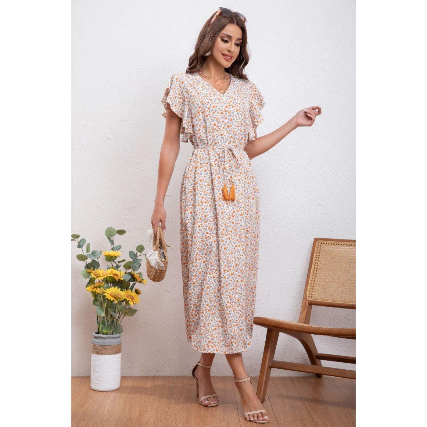 Vestido Largo Primavera Mujer Manga Corta Cuello V Calidad 271-1