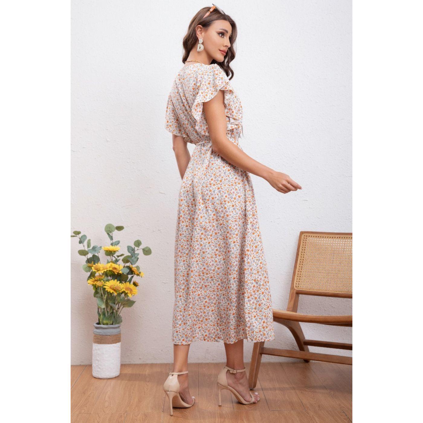 Vestido Largo Primavera Mujer Manga Corta Cuello V Calidad 271-2