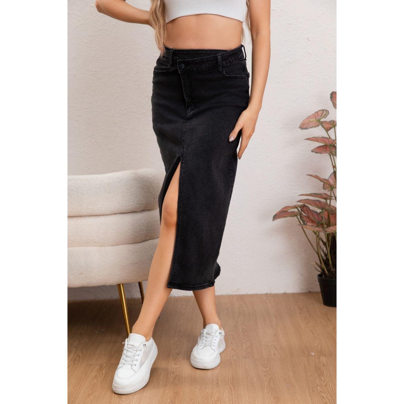 Falda Larga Mujer Tiro Alto Jeans Full Elasticada Abertura 6005-2