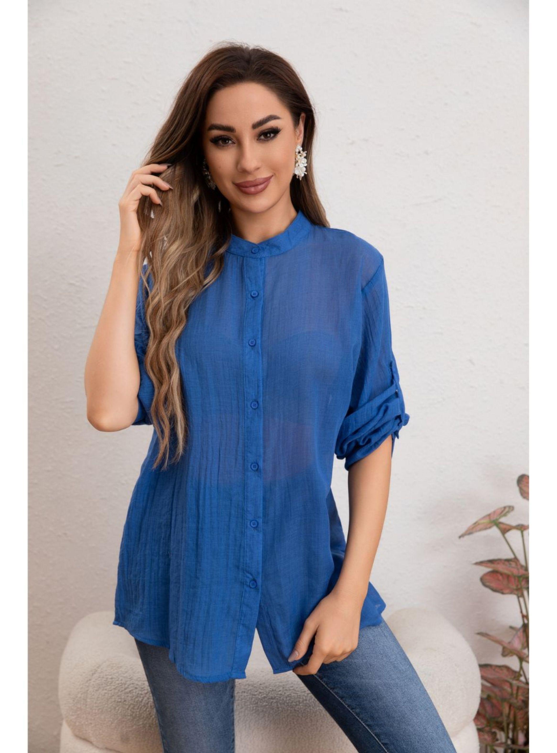 Blusa Mujer Lino Algodón Premium Liviana manga Larga Cuello Mao 8055-1