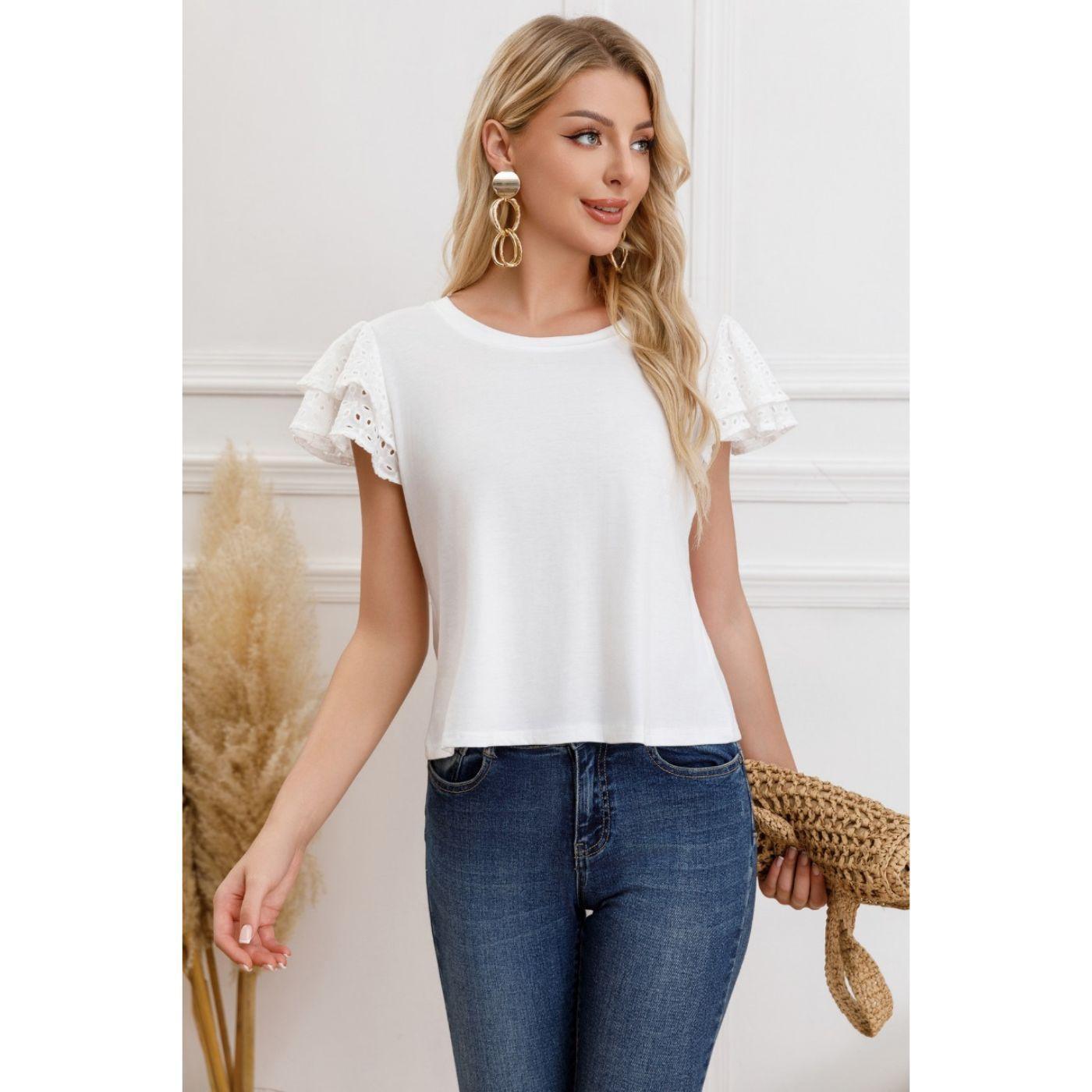 Polera Mujer Algodon Elasticada Manga Corta Broderie 3316-2