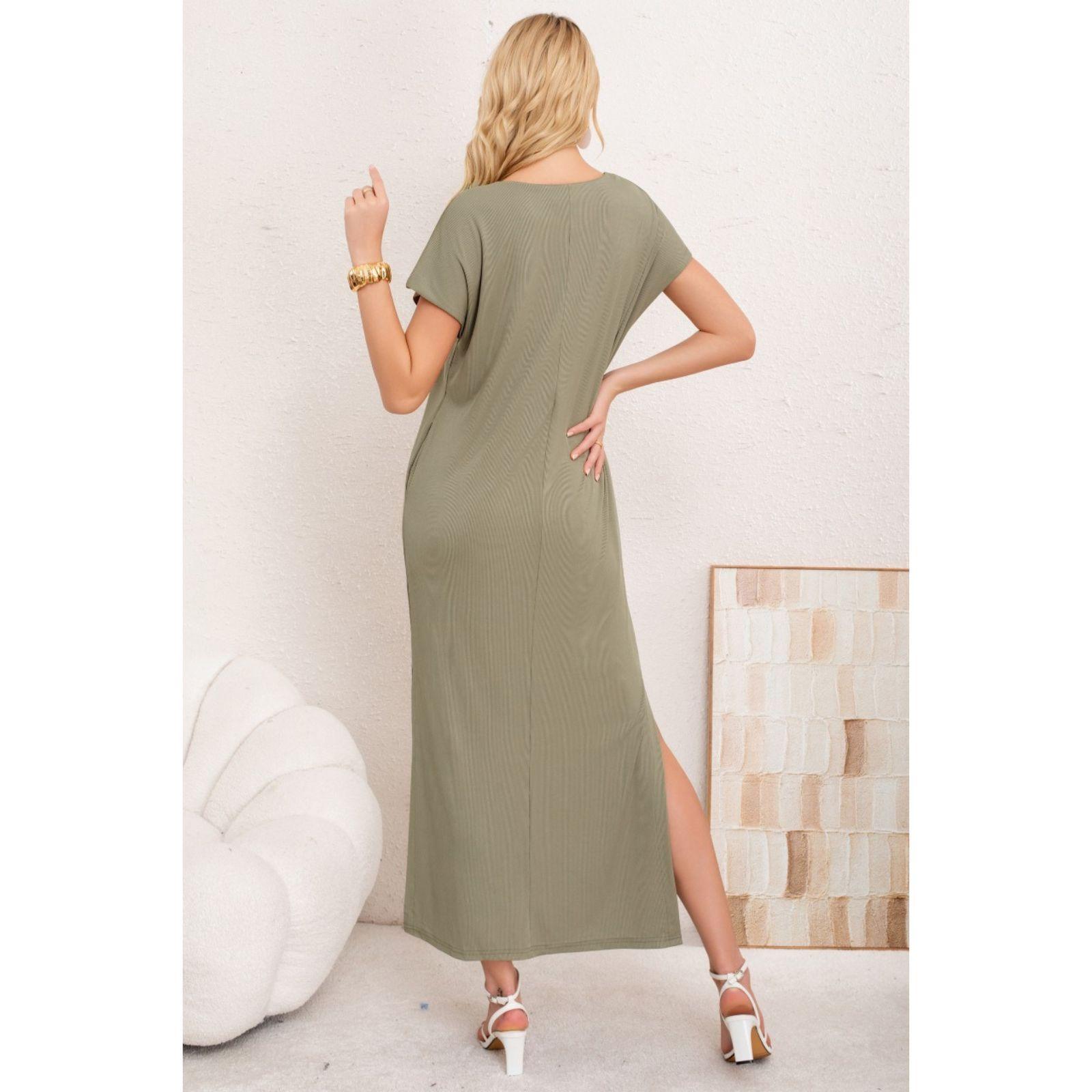 Vestido Largo Mujer Recto Escote V Bolsilos Manga Corta 3378-2