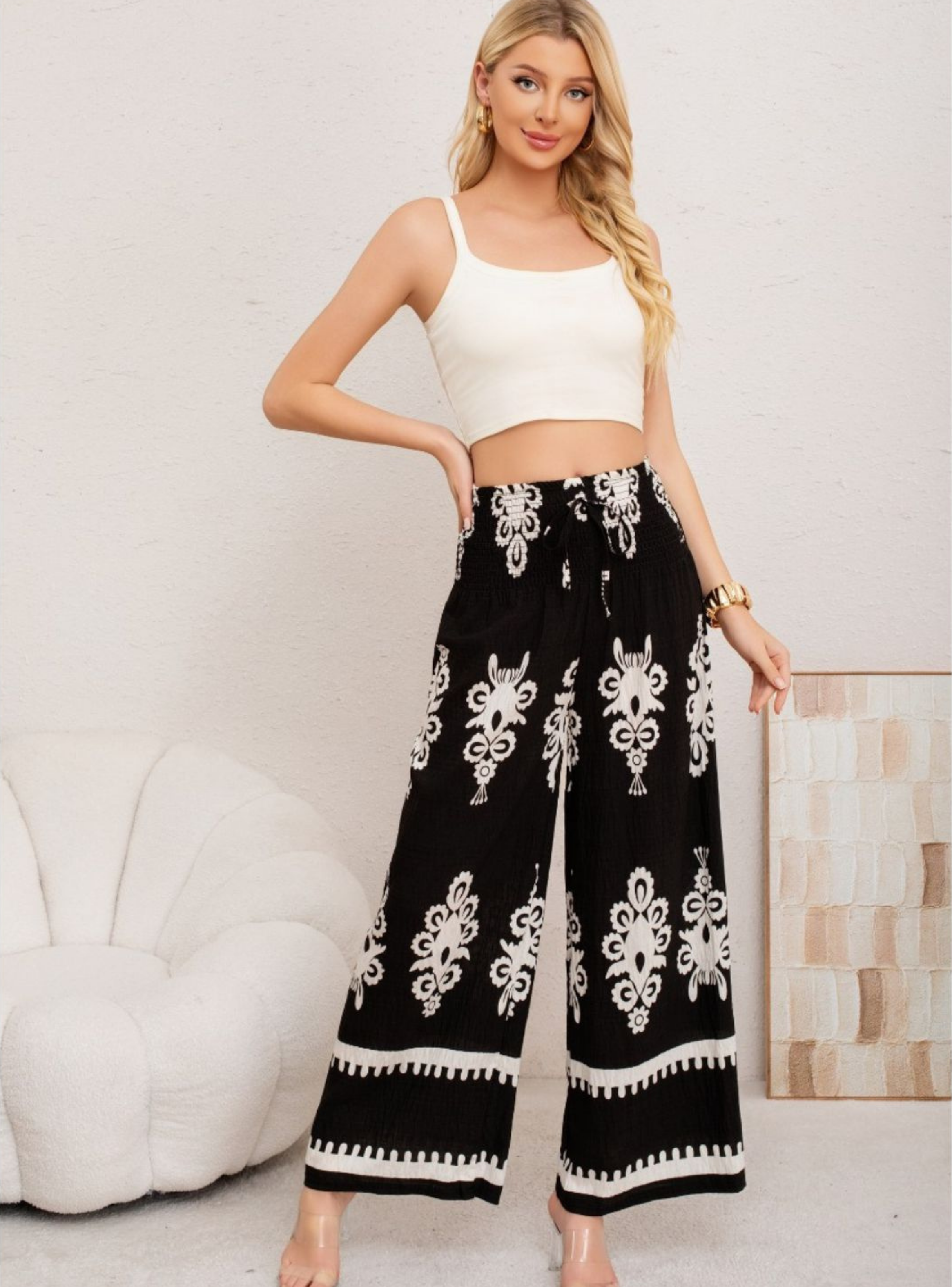 Pantalon Mujer Palazzo Tipo Lino Pretina Alta Elasticado Diseño 3011-1