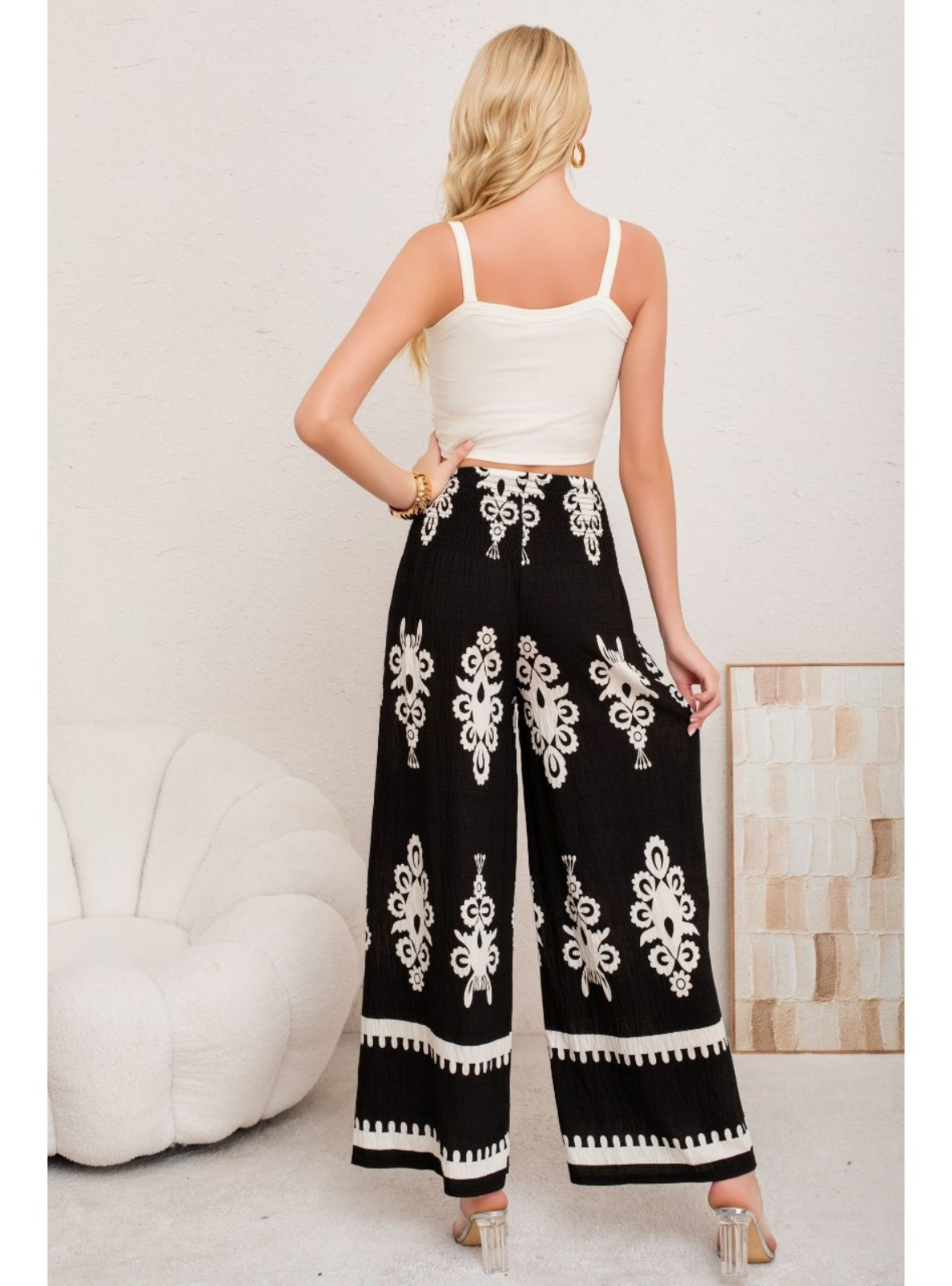 Pantalon Mujer Palazzo Tipo Lino Pretina Alta Elasticado Diseño 3011-2