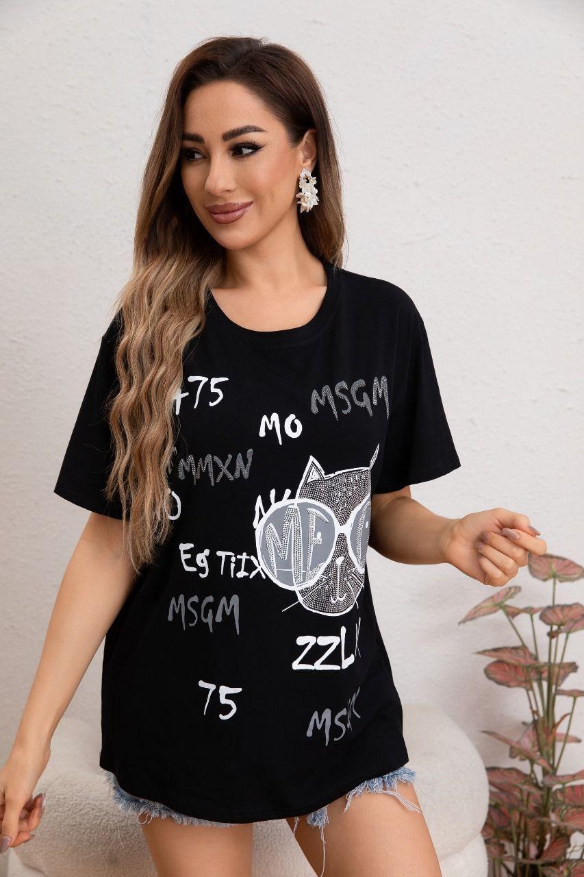 Polera Mujer Algodon Manga Corta Oversize Gatito 2007-1