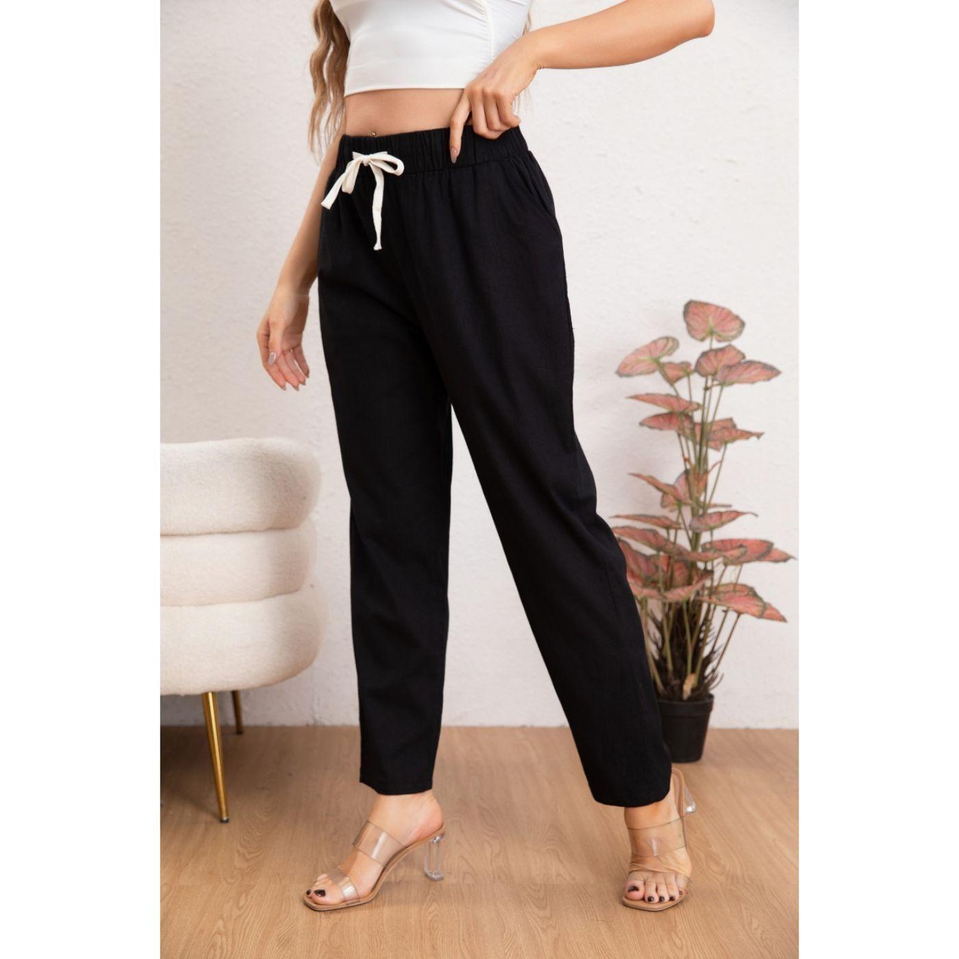 Pantalón Mujer Semi Pitillo Algodón Tipo Lino Tiro Alto 7004-1