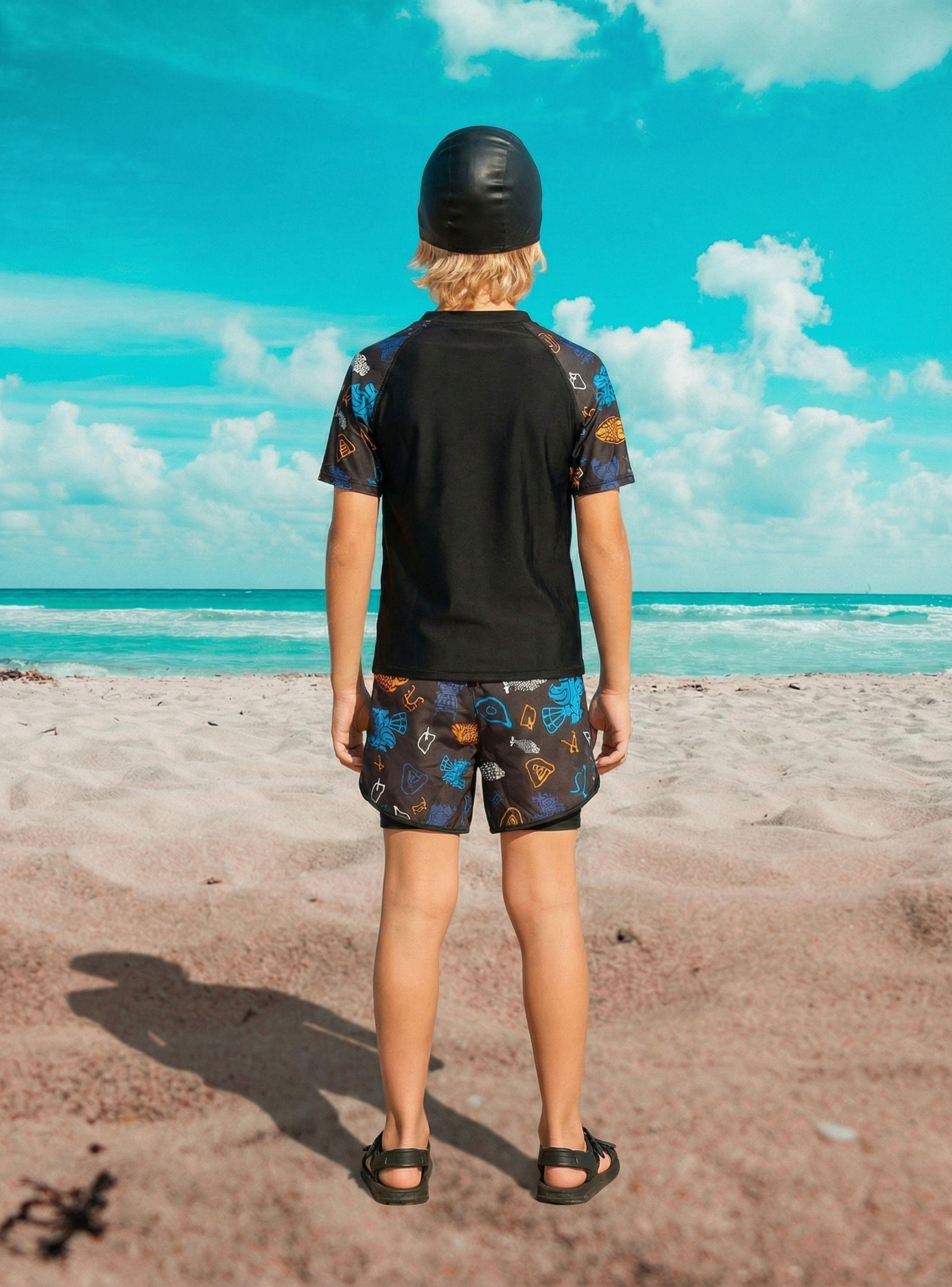 Conjunto De Baño Hombre Juvenil Short Polera Y Gorro Secado Rápido 8002-2
